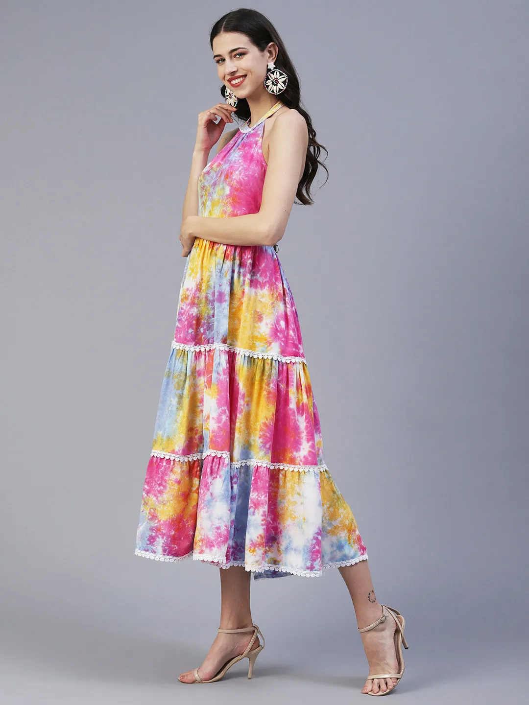 Abstract Tie - Dye Printed Tiered Flared Midi Dress - Multi