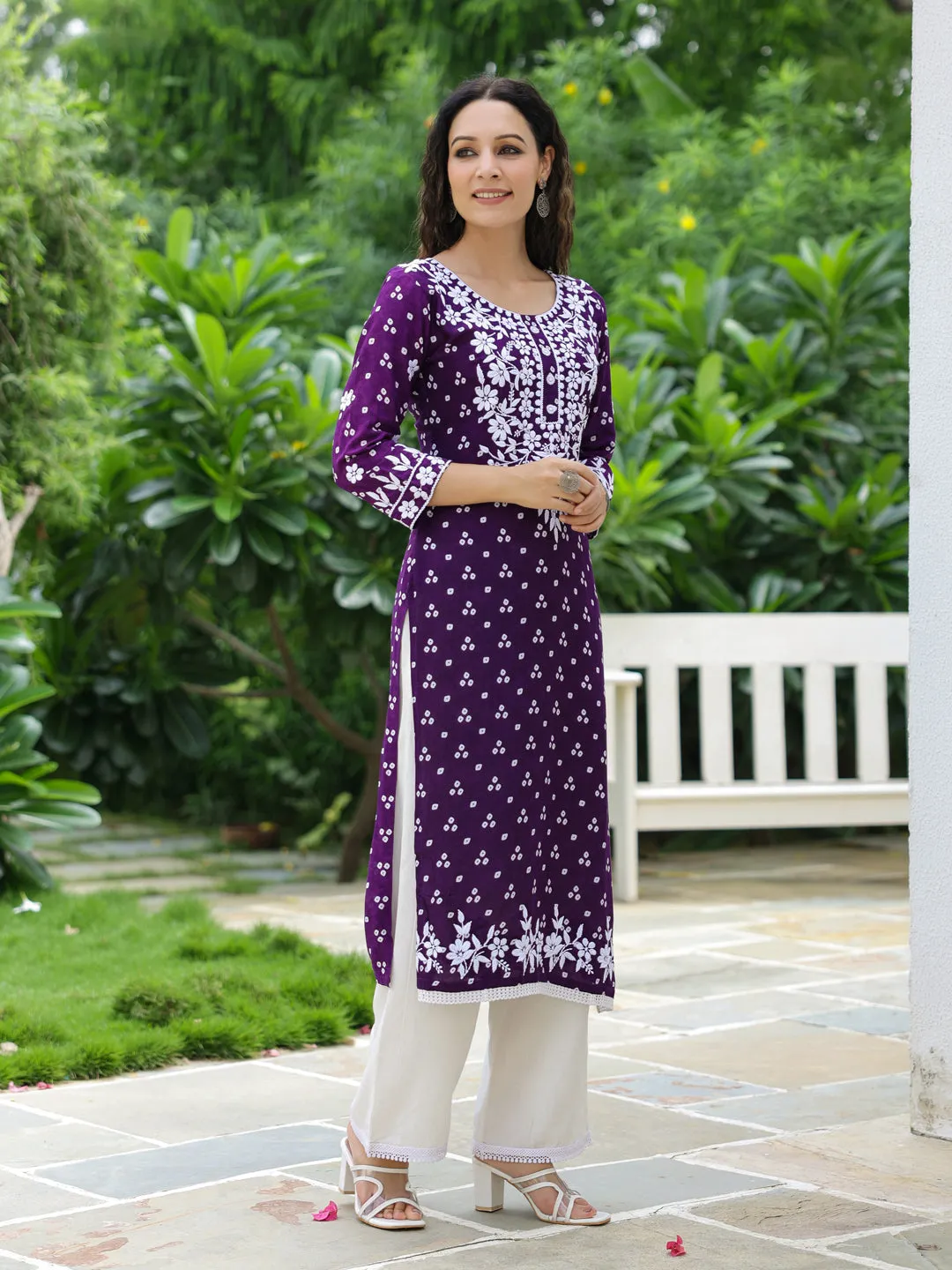 Bandhani Printed & Chikankari Embroidered Straight Fit Kurta - Deep Purple