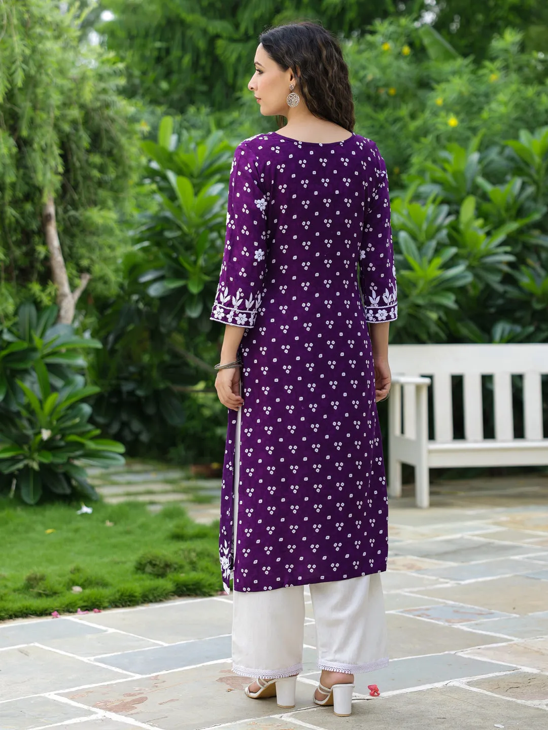 Bandhani Printed & Chikankari Embroidered Straight Fit Kurta - Deep Purple