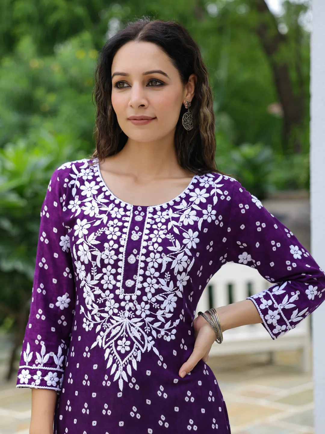 Bandhani Printed & Chikankari Embroidered Straight Fit Kurta - Deep Purple