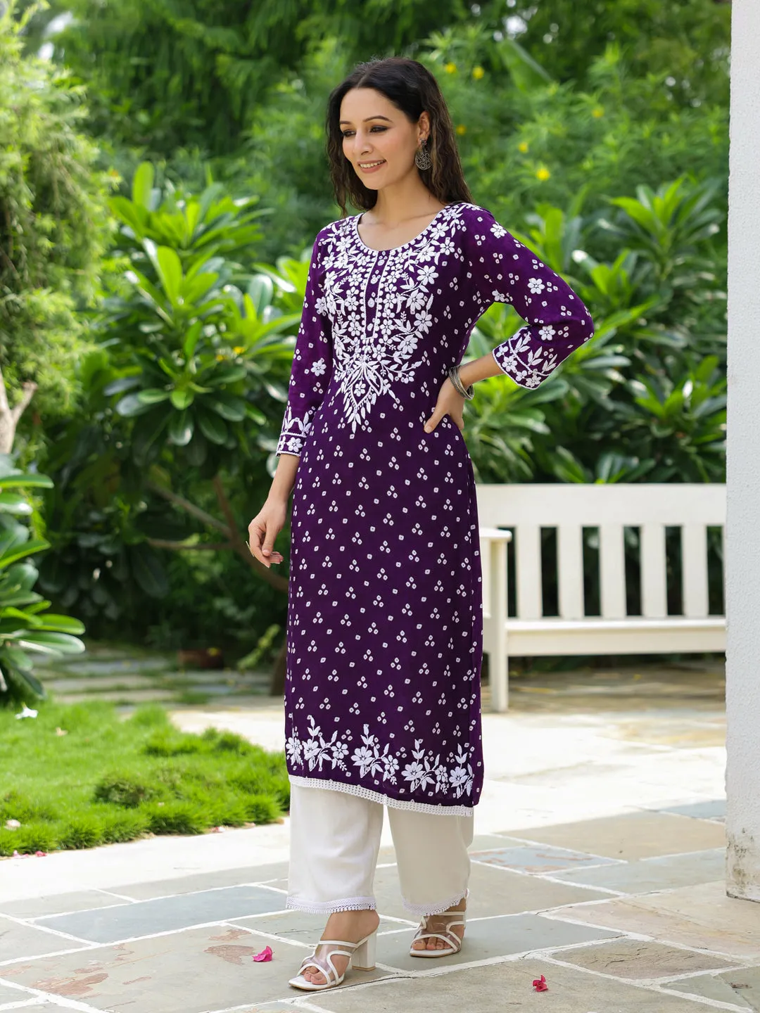 Bandhani Printed & Chikankari Embroidered Straight Fit Kurta - Deep Purple