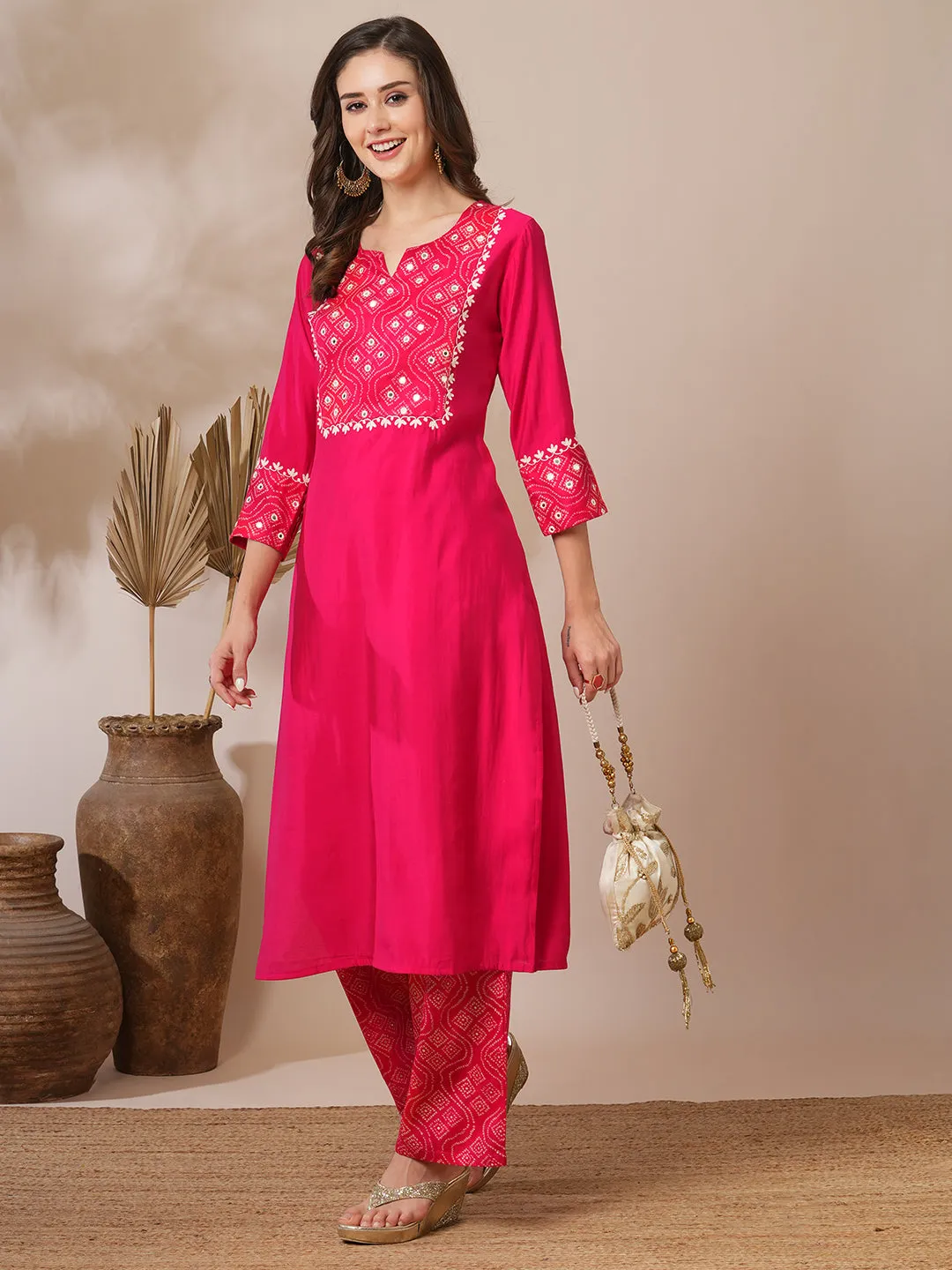 Bandhani Printed & Floral Mirror Embroidered Straight Fit Kurta with Pant - Red