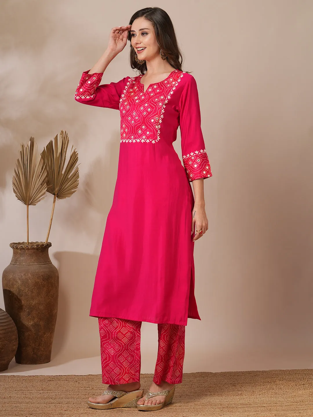 Bandhani Printed & Floral Mirror Embroidered Straight Fit Kurta with Pant - Red