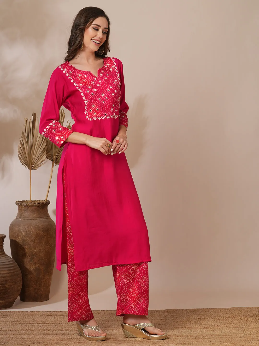 Bandhani Printed & Floral Mirror Embroidered Straight Fit Kurta with Pant - Red