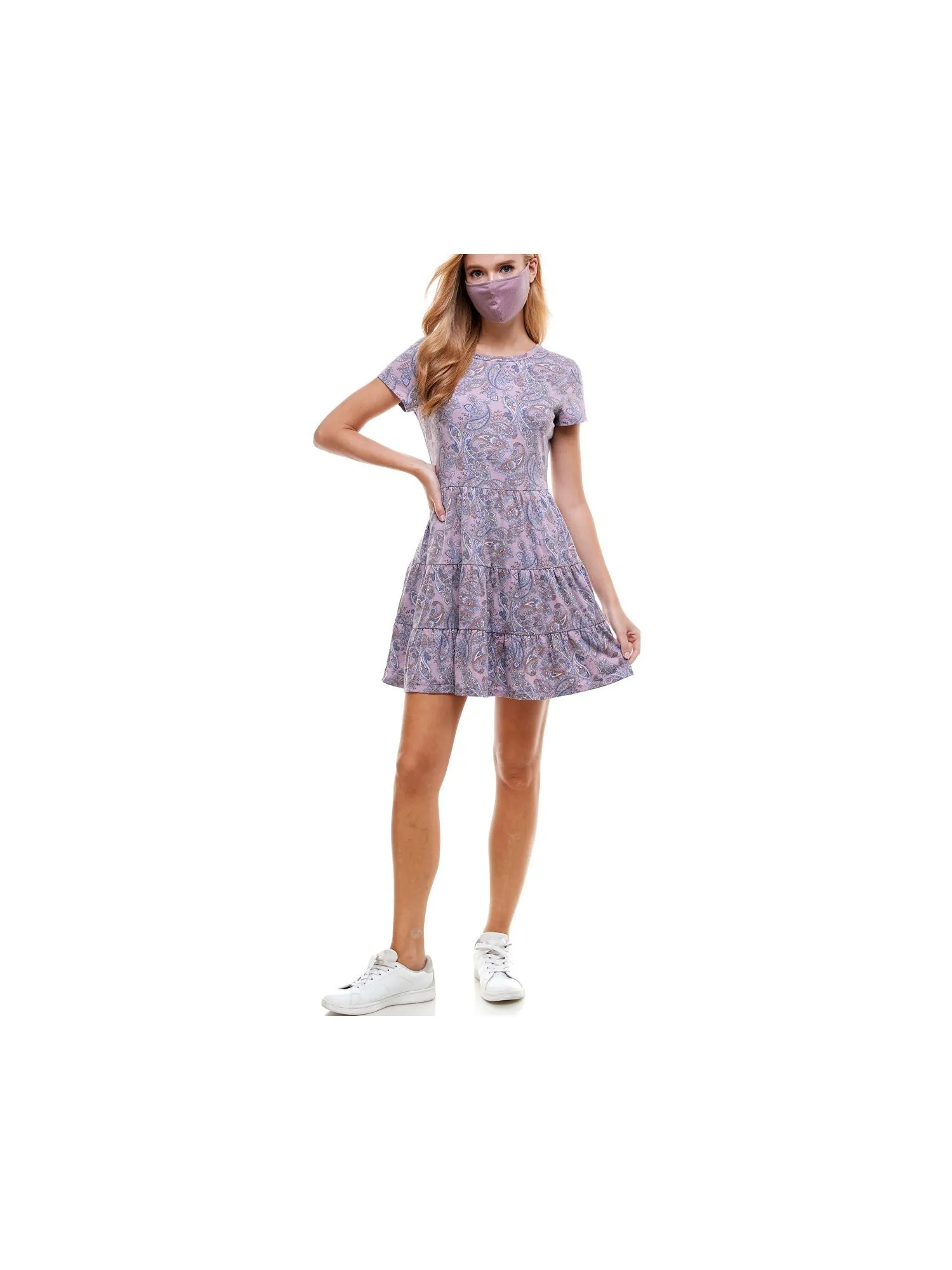 BEBOP Womens Paisley Short Sleeve Crew Neck Short Dress