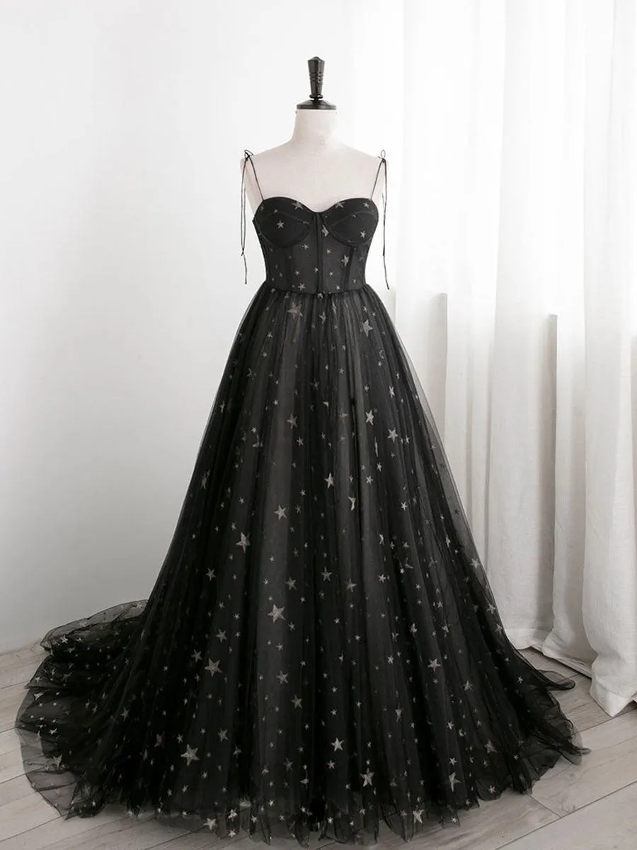 Black A line Sweetheart Neck Tulle Long Prom Dresses, Black Formal Graduation Dresses