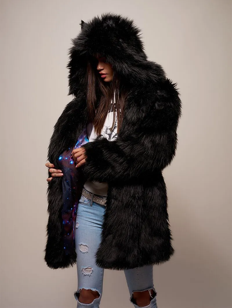 Black Wolf Galaxy Faux Fur Coat