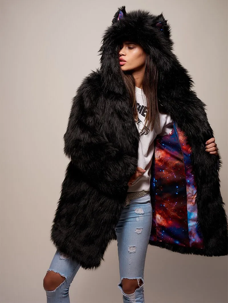 Black Wolf Galaxy Faux Fur Coat