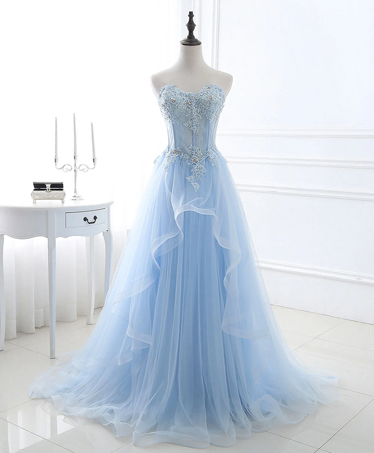 Blue Long Prom Dresses, Aline Sweetheart Neck Blue Formal Graduation Dresses