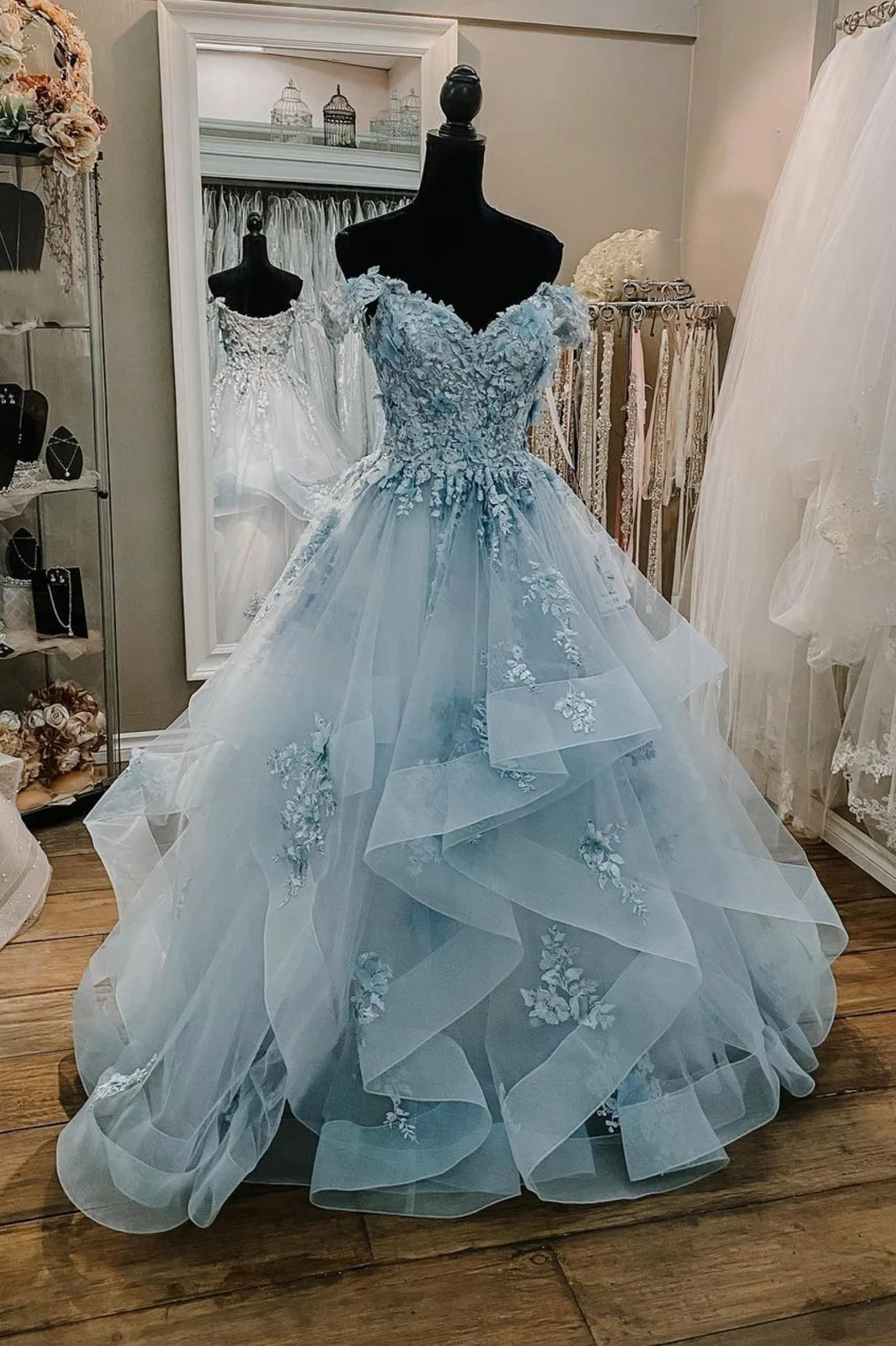 Blue Tulle Lace Long Prom Dresses Off the Shoulder Evening Dresses