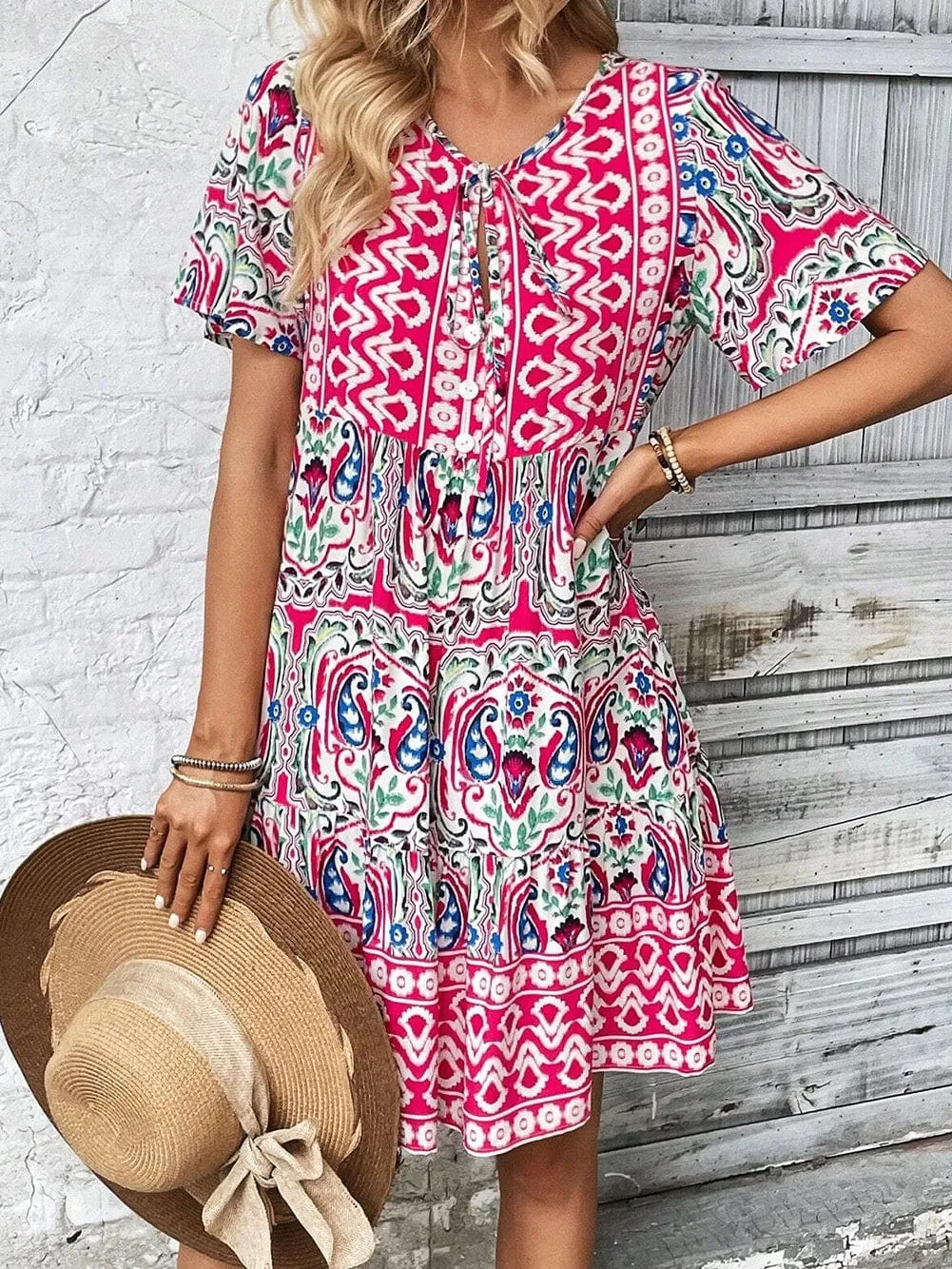 Boho Pink Floral Print Tie Neck Mini Dress