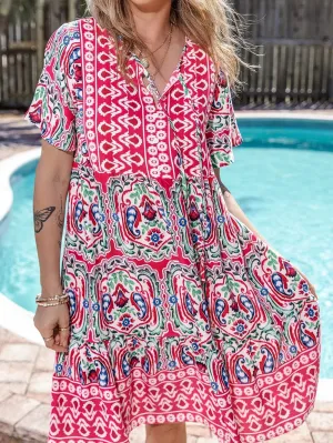 Boho Pink Floral Print Tie Neck Mini Dress