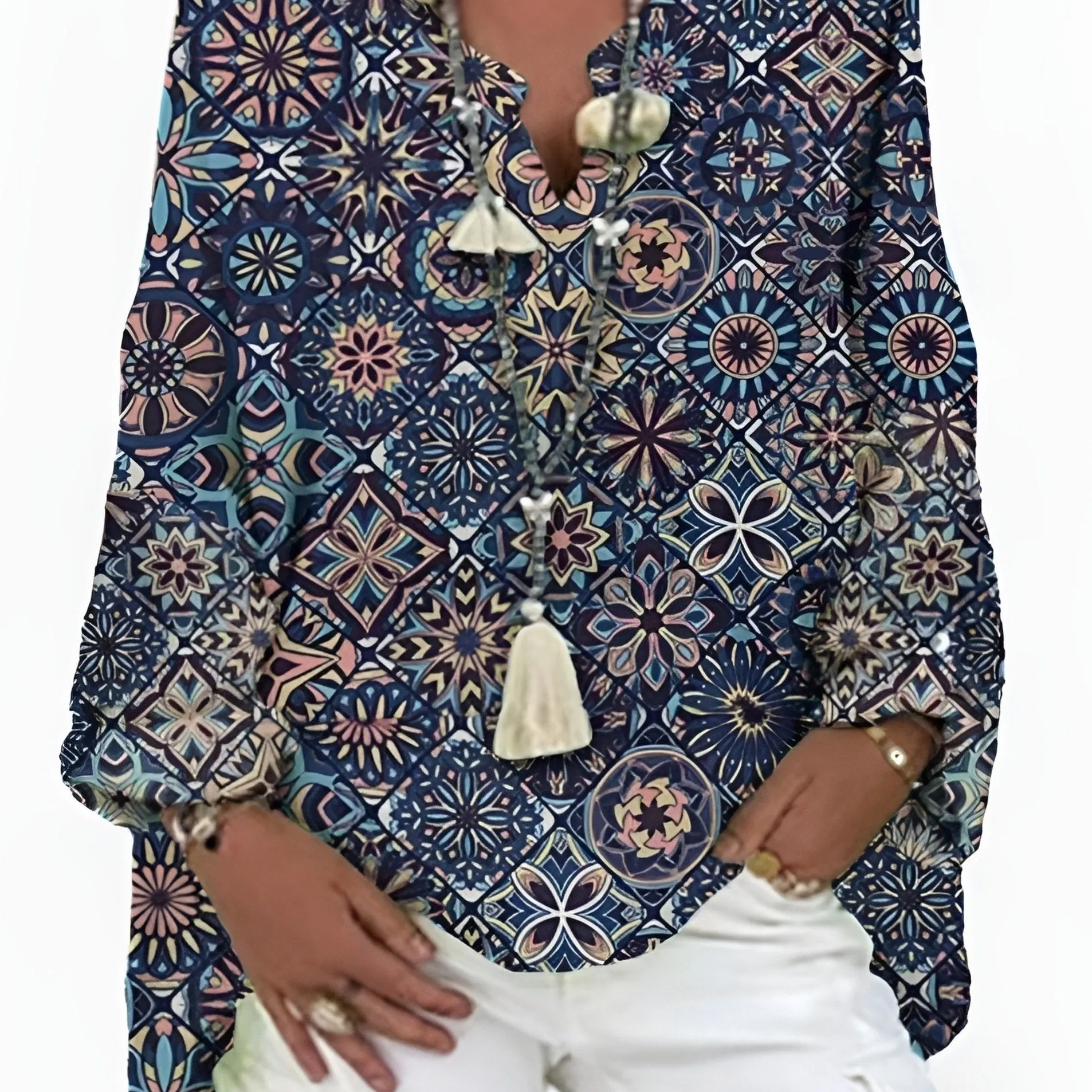 Boho Print Blouse Plus Size Long Sleeve Statement Top