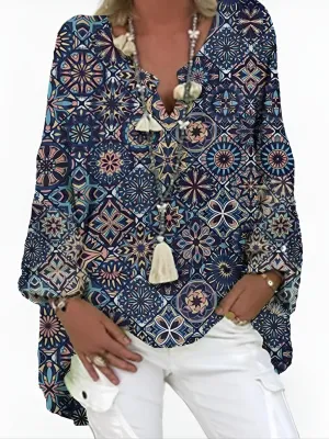 Boho Print Blouse Plus Size Long Sleeve Statement Top