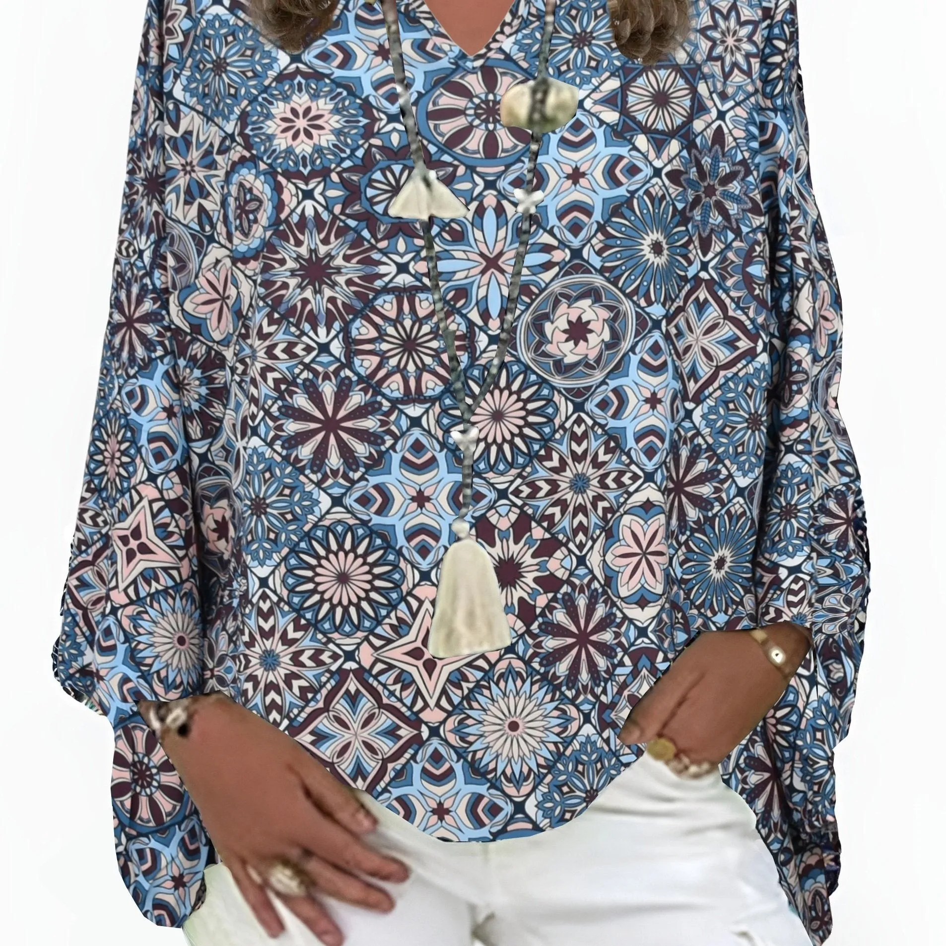 Boho Print Blouse Plus Size Long Sleeve Statement Top