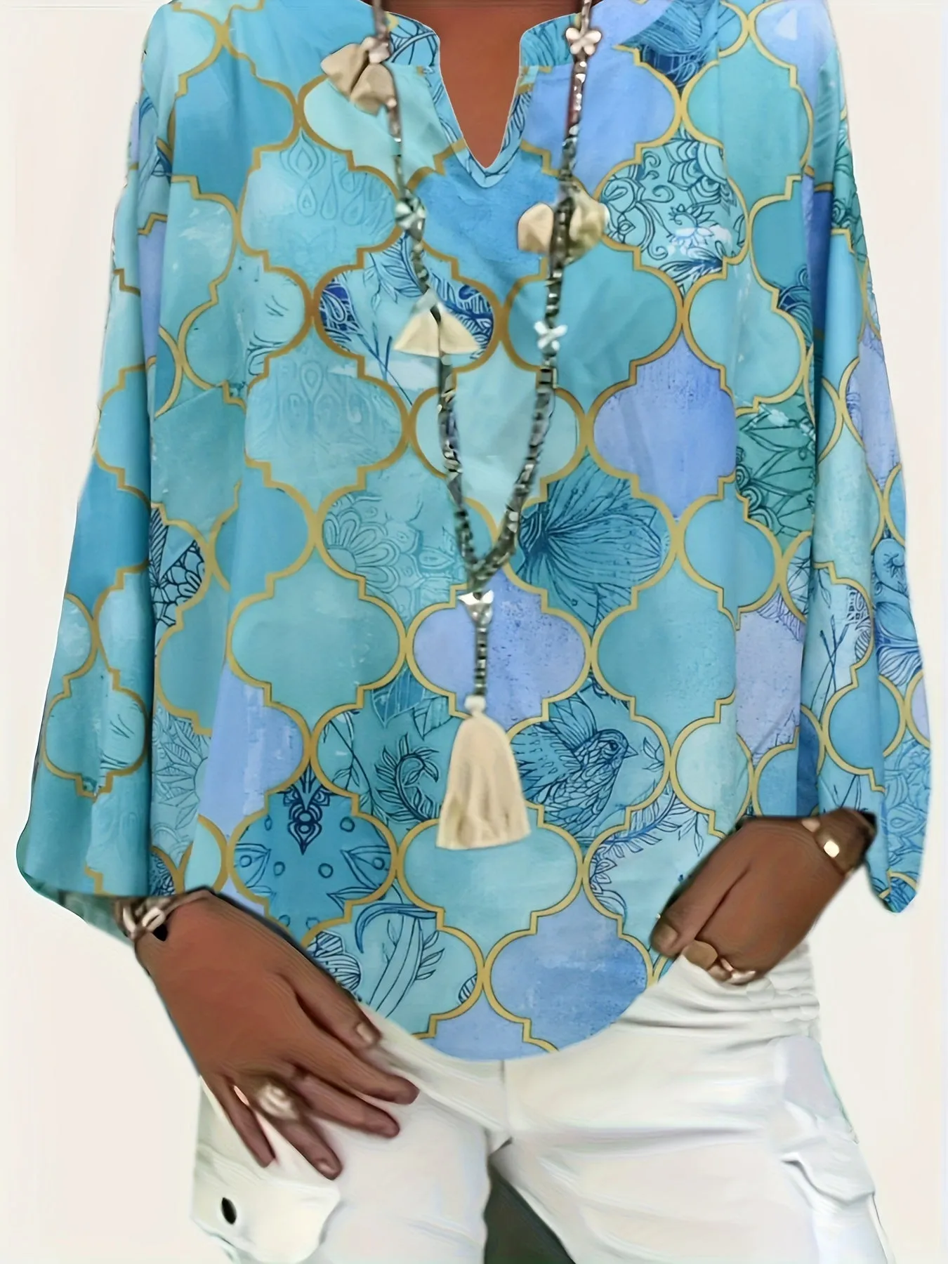 Boho Print Blouse Plus Size Long Sleeve Statement Top