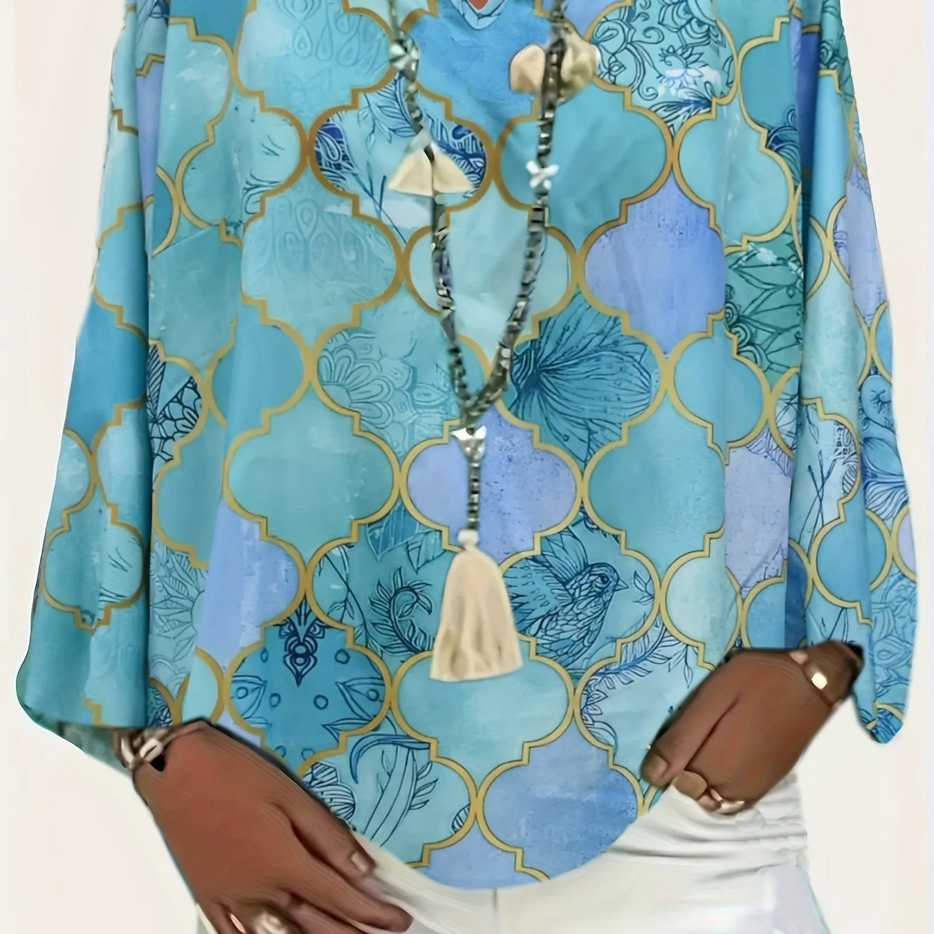 Boho Print Blouse Plus Size Long Sleeve Statement Top