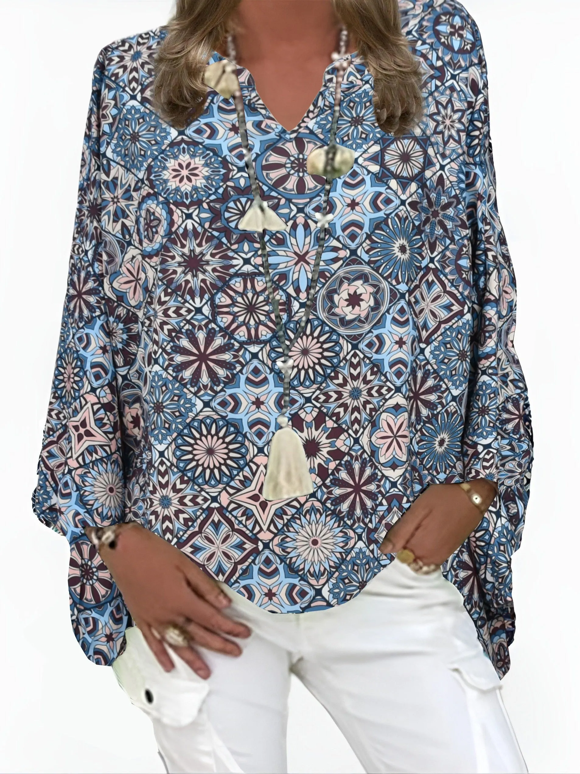 Boho Print Blouse Plus Size Long Sleeve Statement Top