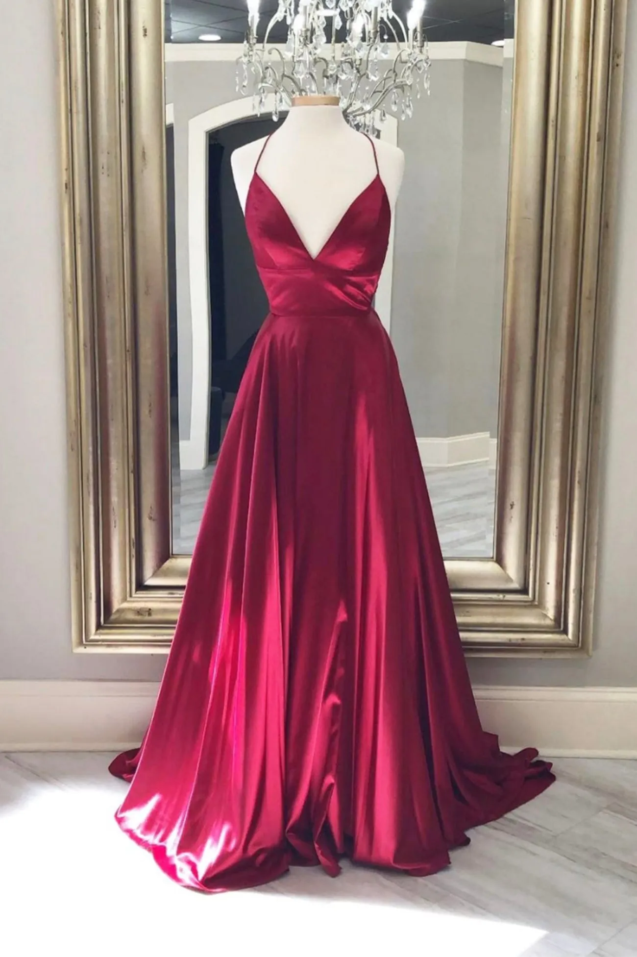 Burgundy Satin Long Prom Dresses A-Line Backless Evening Dresses