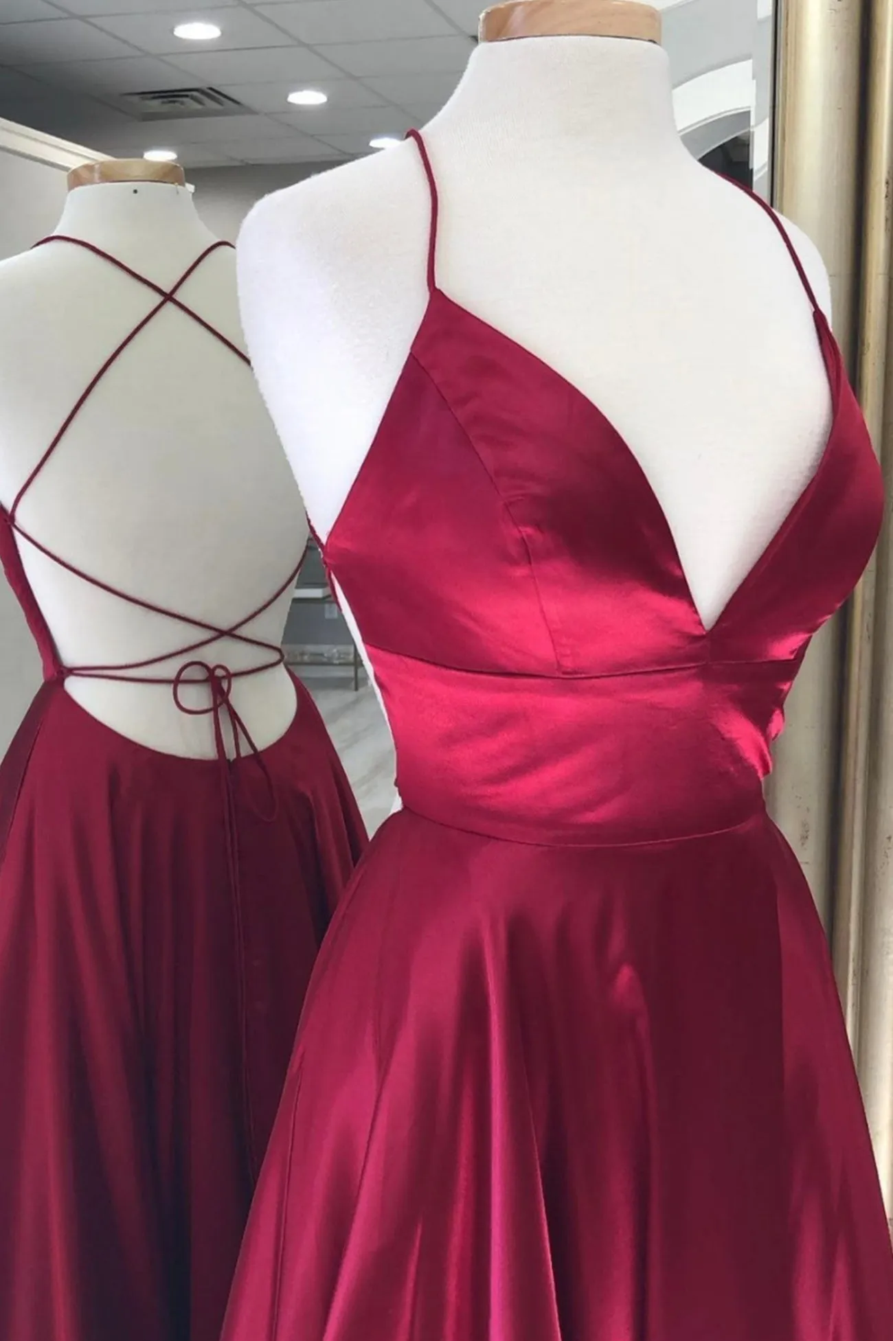 Burgundy Satin Long Prom Dresses A-Line Backless Evening Dresses