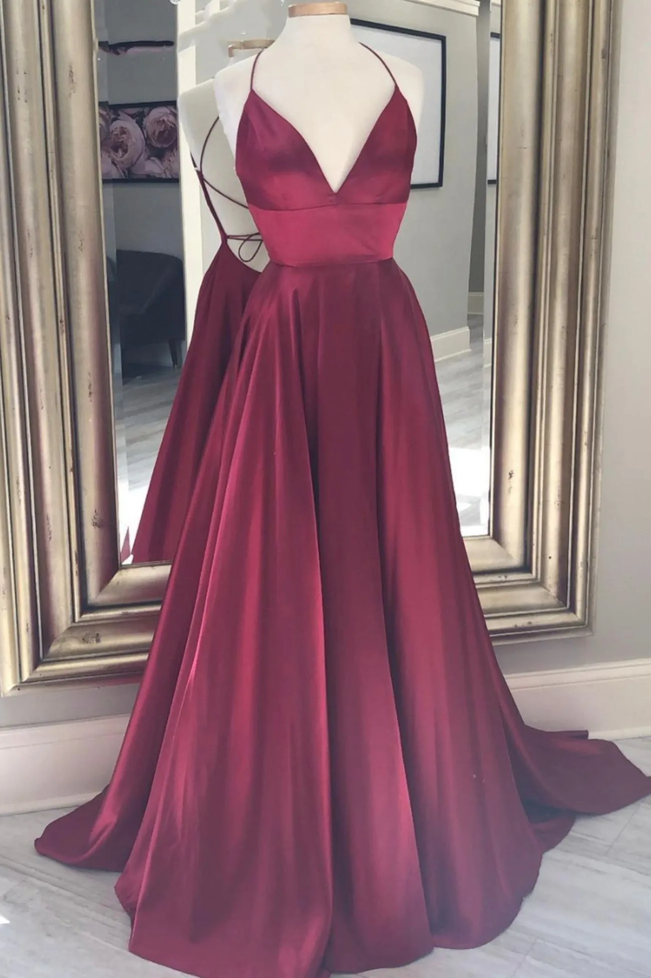 Burgundy Satin Long Prom Dresses A-Line Backless Evening Dresses