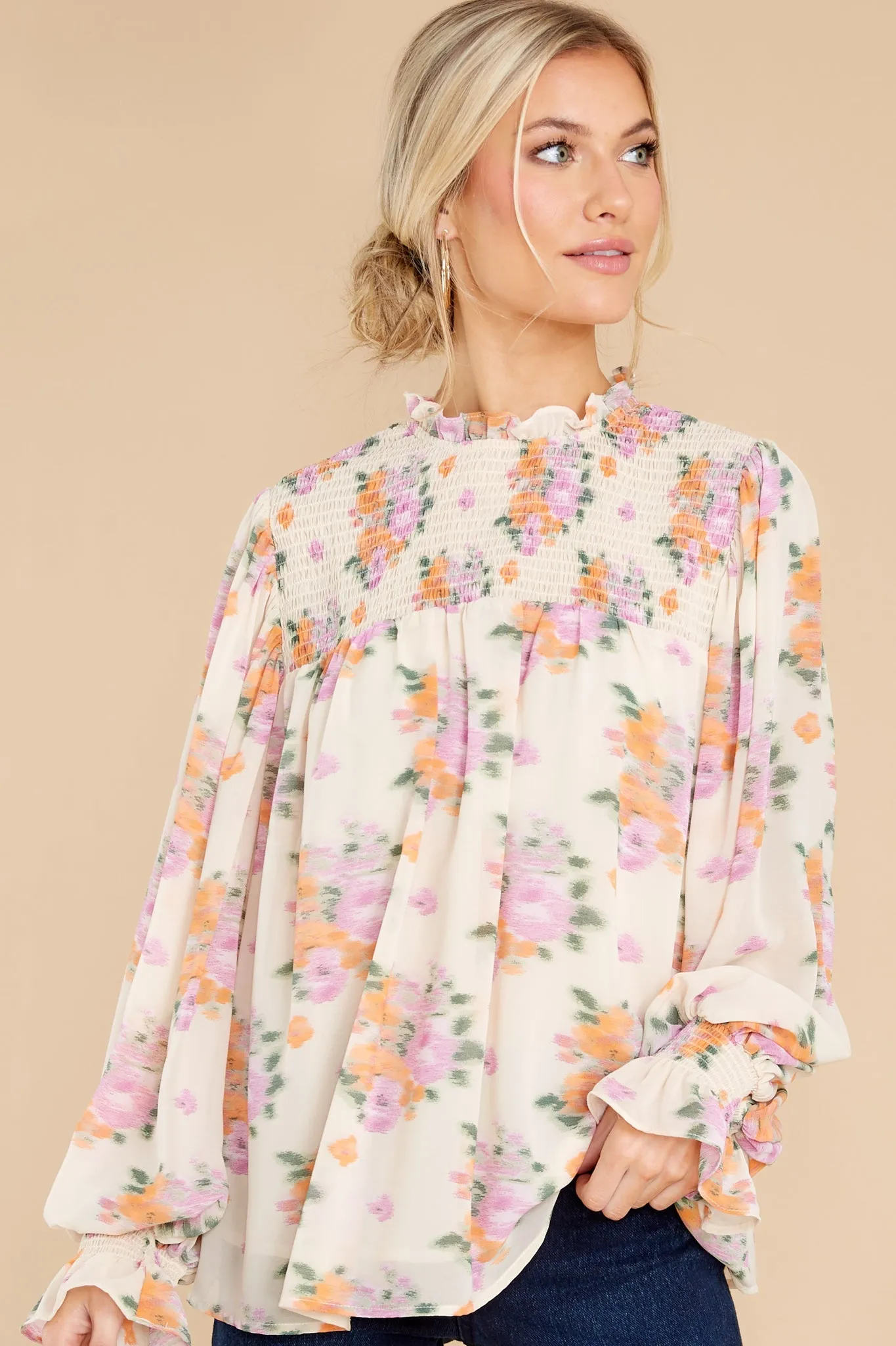 Burst Into Bloom Ivory Multi Floral Print Top