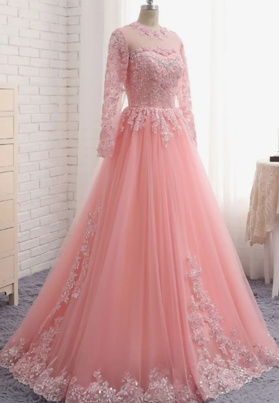 Charming Long Sleeve Appliques Pink Tulle Prom Dresses Elegant Evening Formal Dress