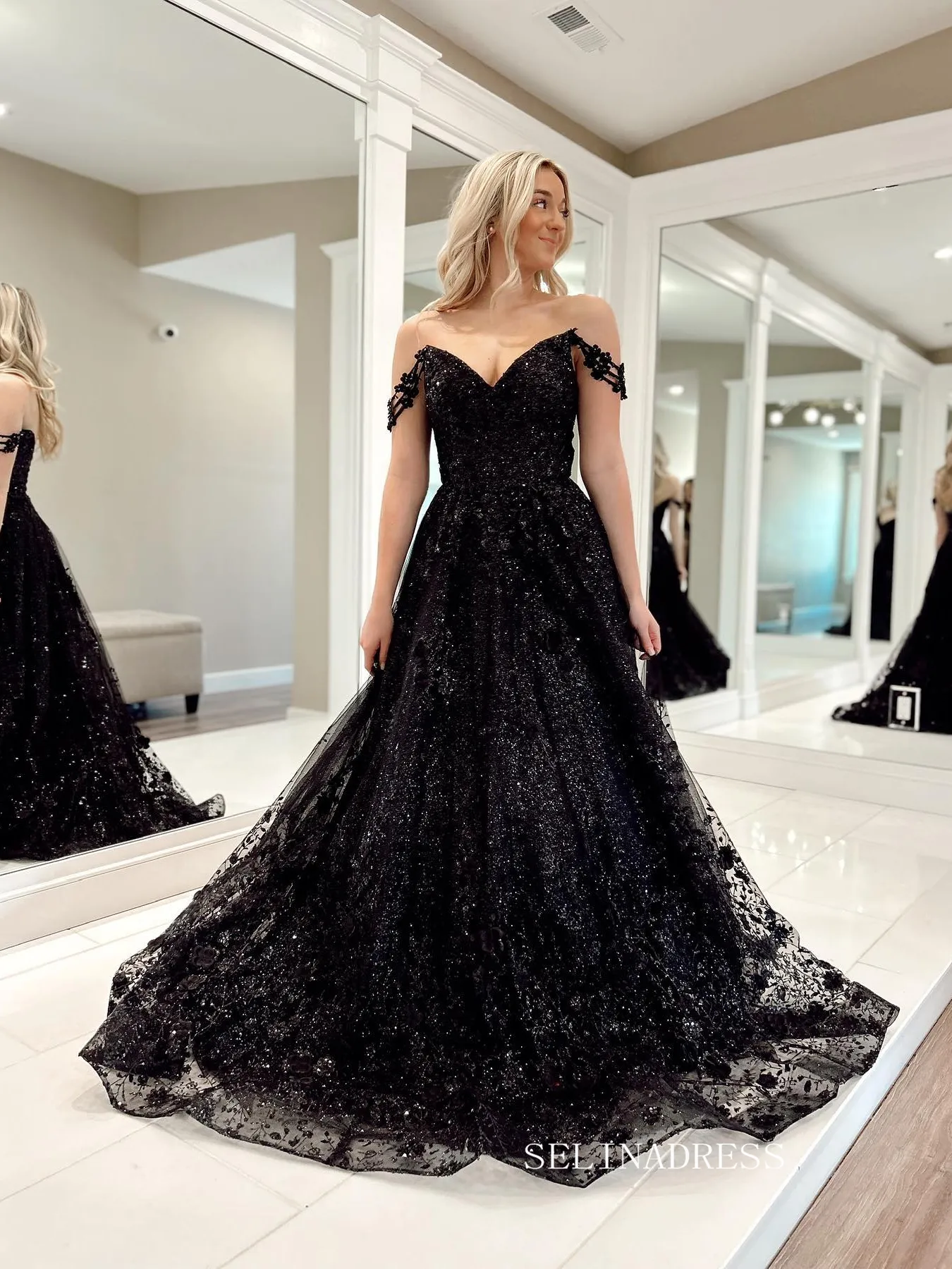 Chic A-line Off-the-shoulder Black Lace Prom Dress Elegant Evening Party Dress #JKSS613