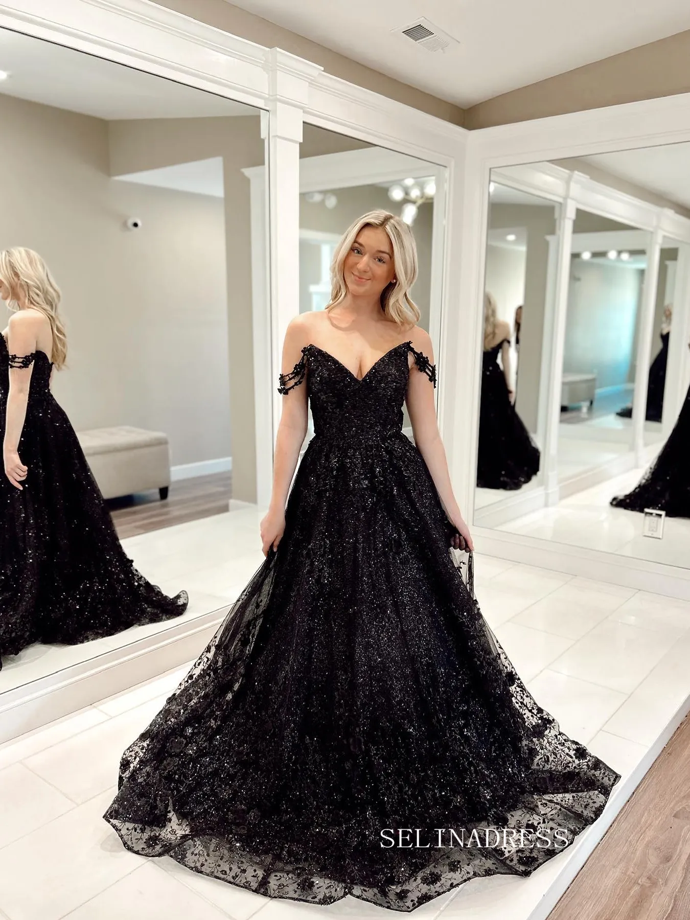 Chic A-line Off-the-shoulder Black Lace Prom Dress Elegant Evening Party Dress #JKSS613