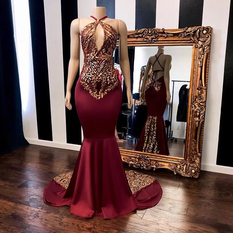 Chic Burgundy Halter Prom Dresses | Mermaid Gold Appliques Evening Gowns BC1302