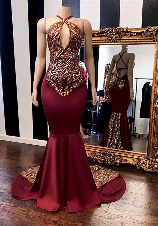 Chic Burgundy Halter Prom Dresses | Mermaid Gold Appliques Evening Gowns BC1302