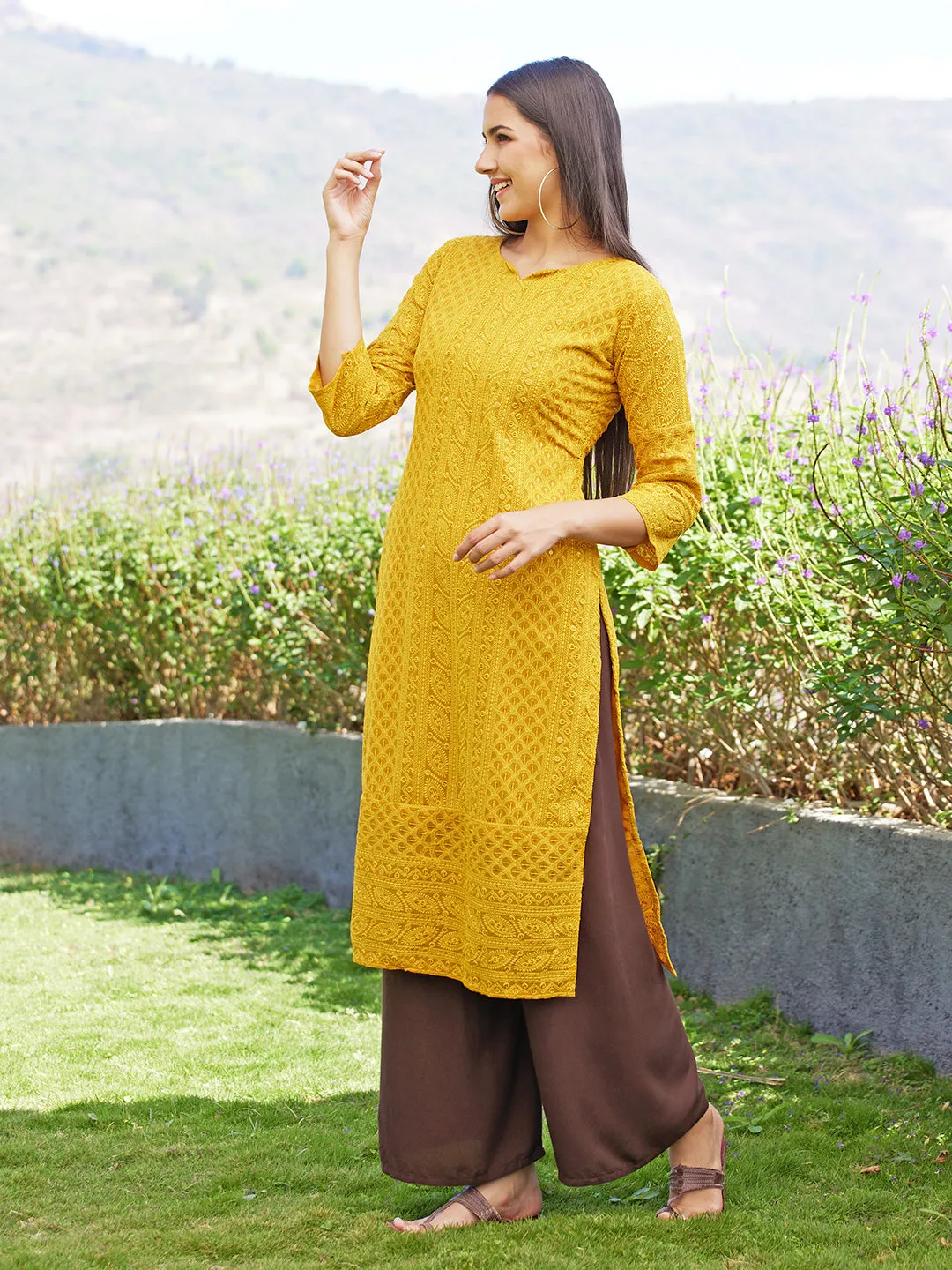 Chikankari Embroidered Straight Fit Kurta - Yellow