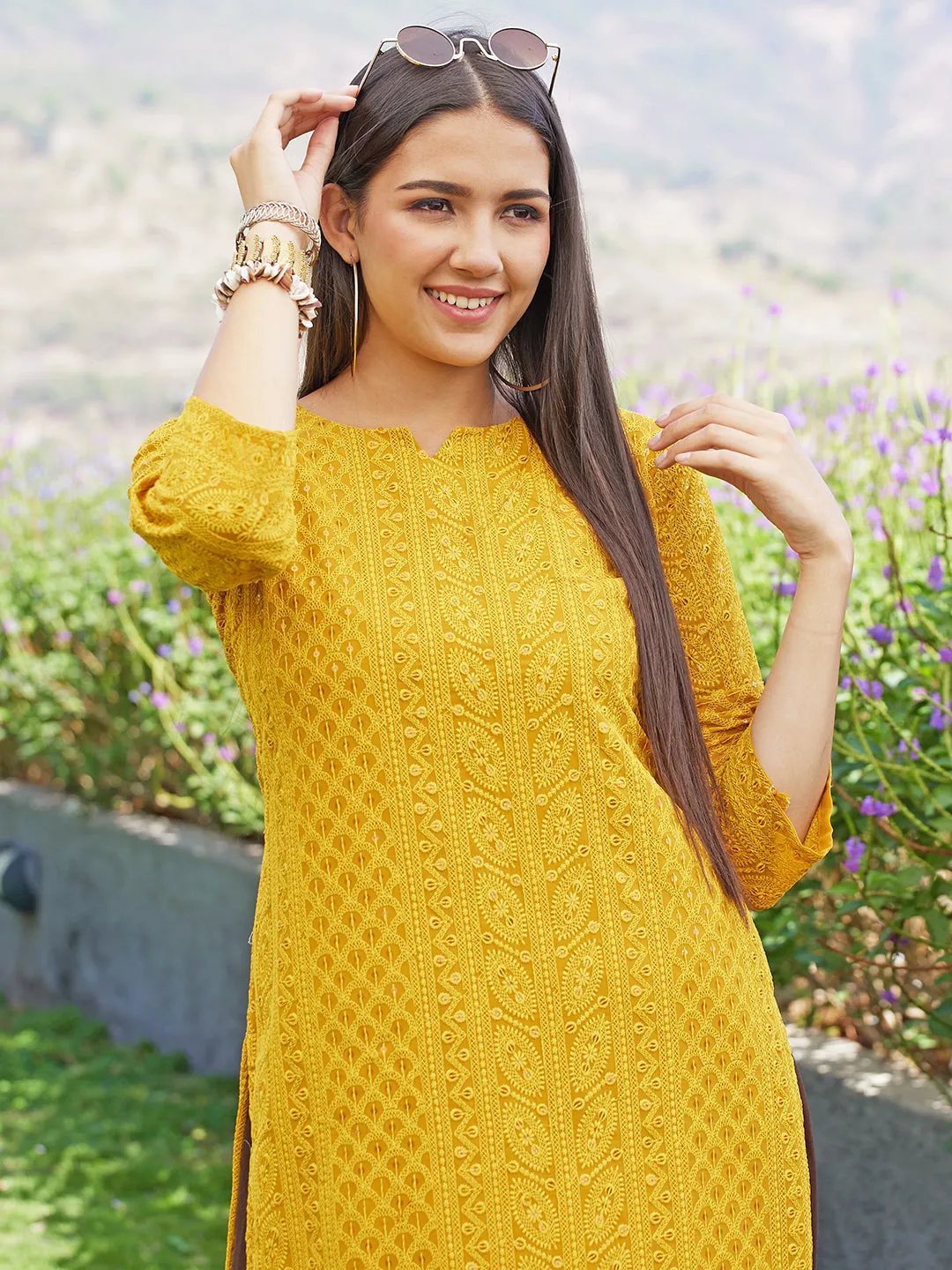 Chikankari Embroidered Straight Fit Kurta - Yellow