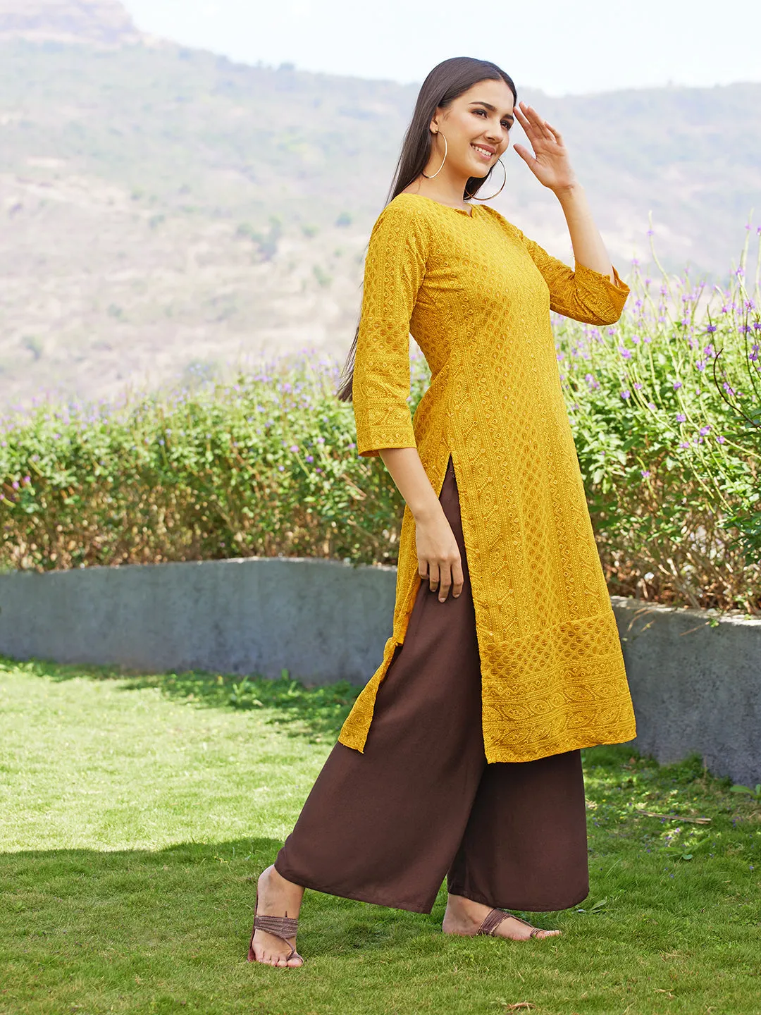 Chikankari Embroidered Straight Fit Kurta - Yellow