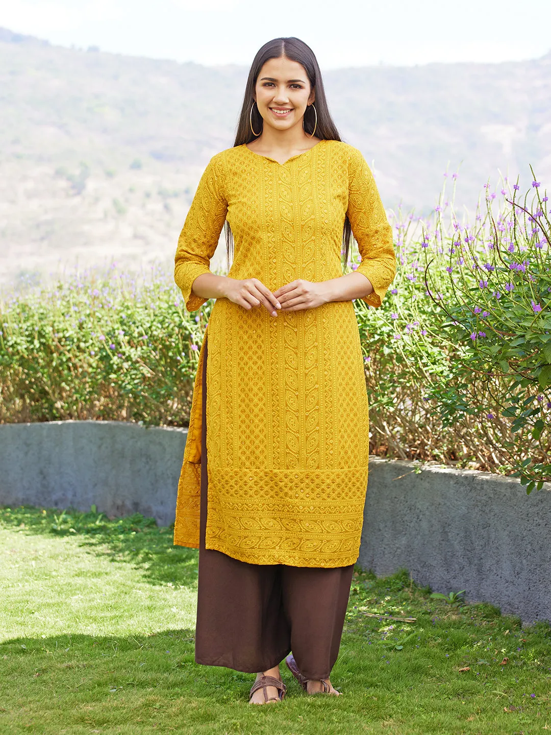 Chikankari Embroidered Straight Fit Kurta - Yellow