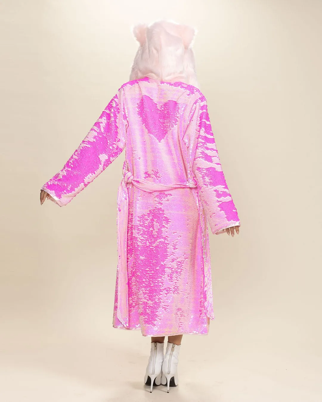 Classic Women's Long Sequin Coat | Pink Disco Cat