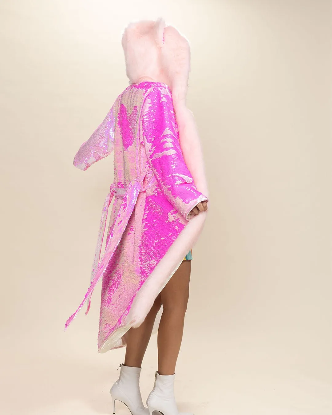 Classic Women's Long Sequin Coat | Pink Disco Cat