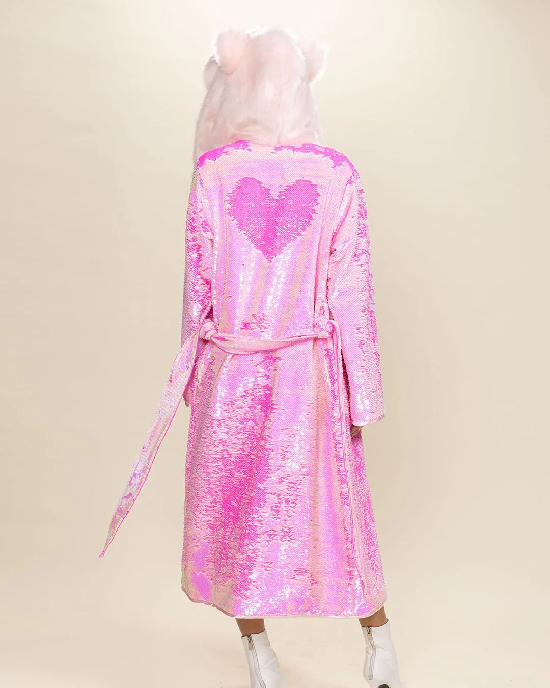 Classic Women's Long Sequin Coat | Pink Disco Cat