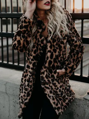 Coats Lapel Leopard Print Faux Fur Long Sleeve Midi Coat for Women