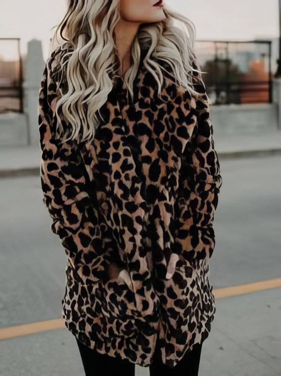 Coats Lapel Leopard Print Faux Fur Long Sleeve Midi Coat for Women