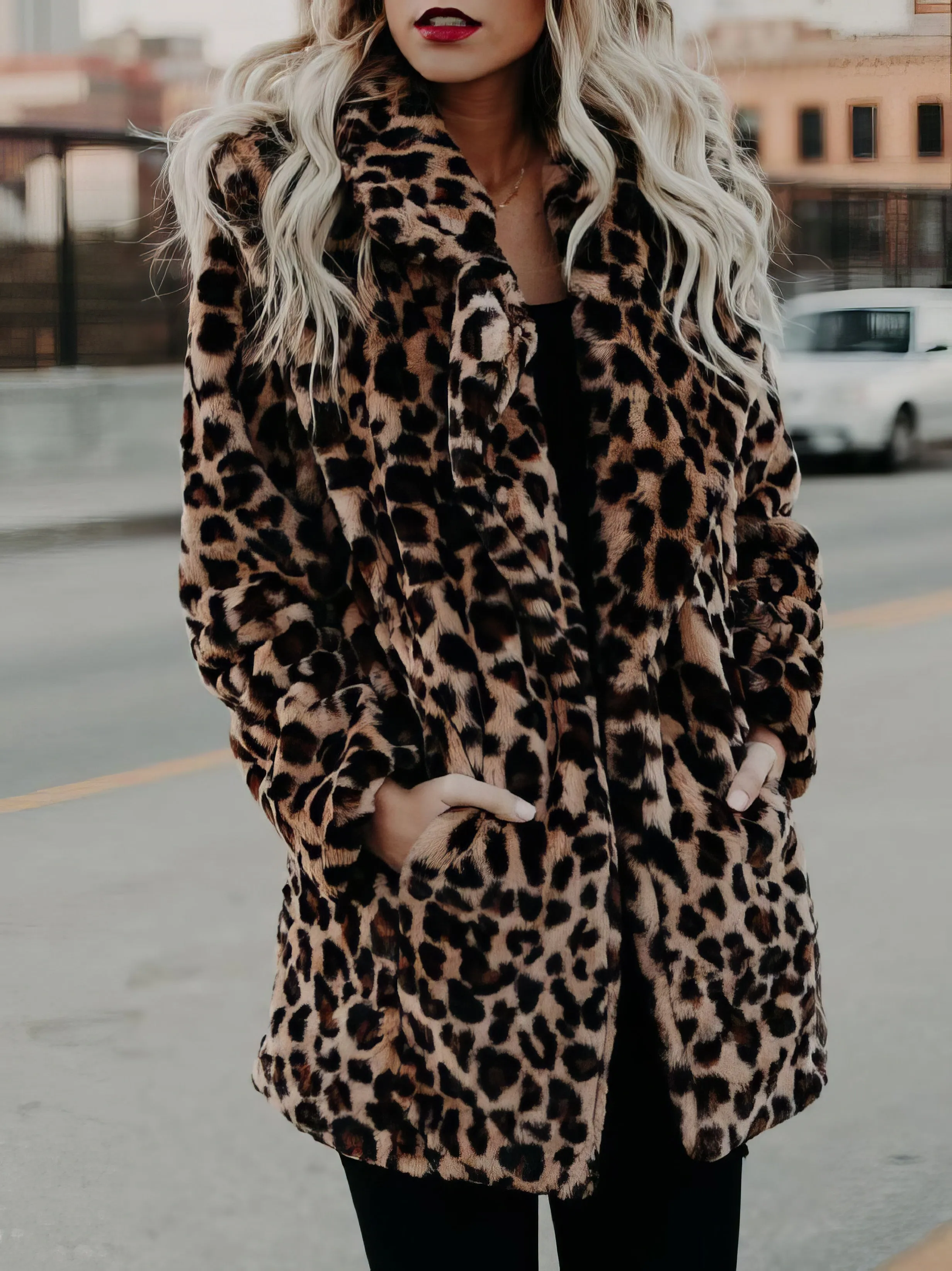 Coats Lapel Leopard Print Faux Fur Long Sleeve Midi Coat for Women