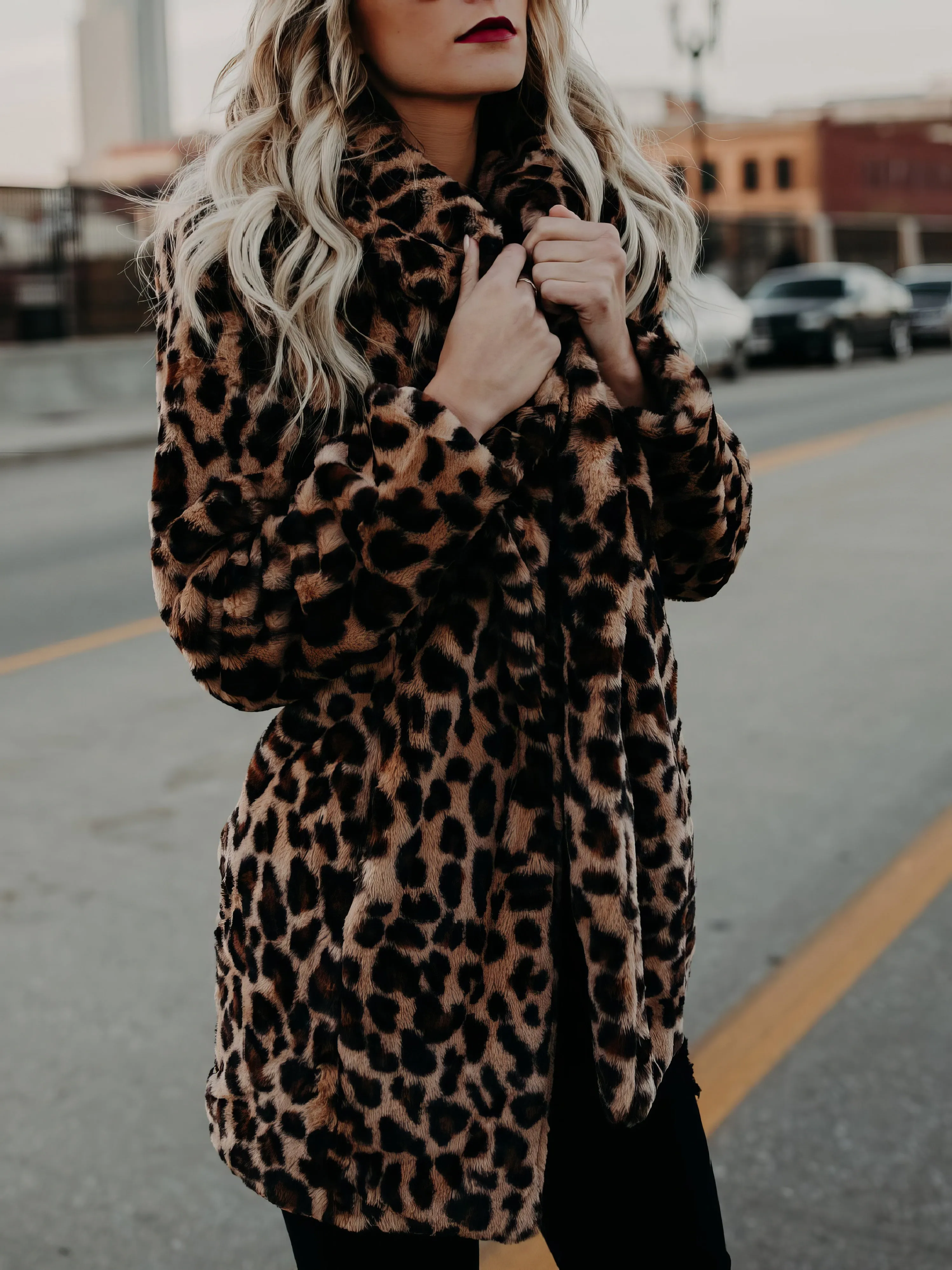 Coats Lapel Leopard Print Faux Fur Long Sleeve Midi Coat for Women