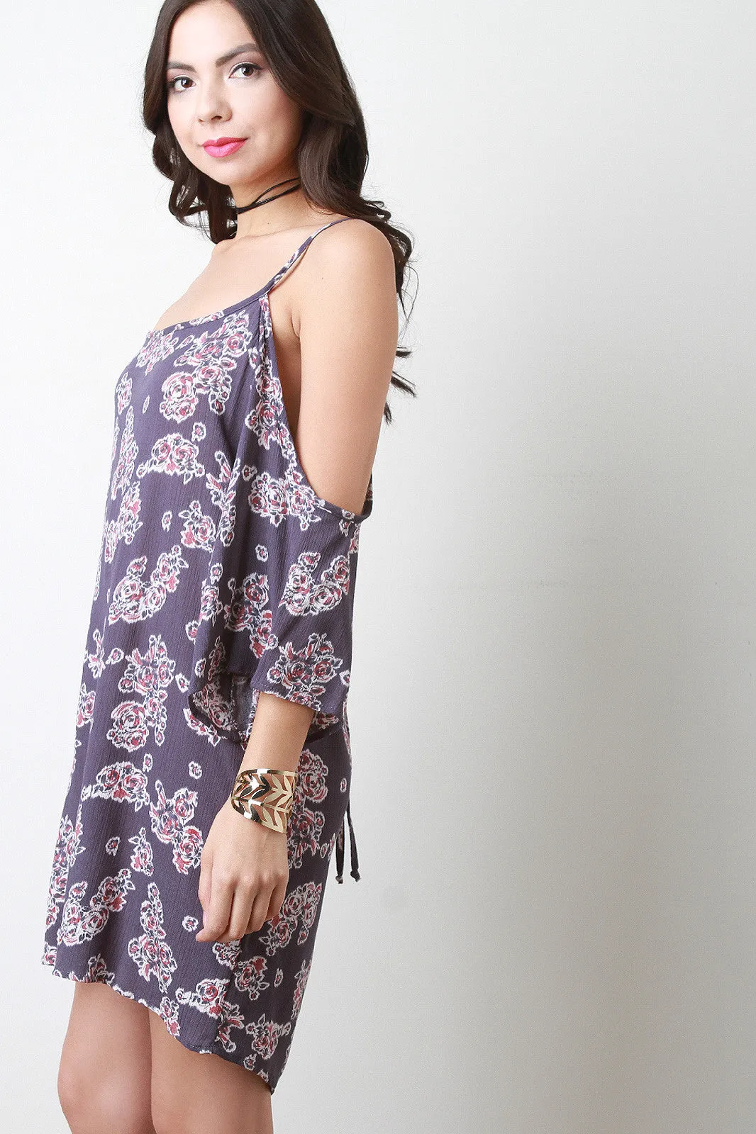 Cold Shoulder Floral Print Shift Dress