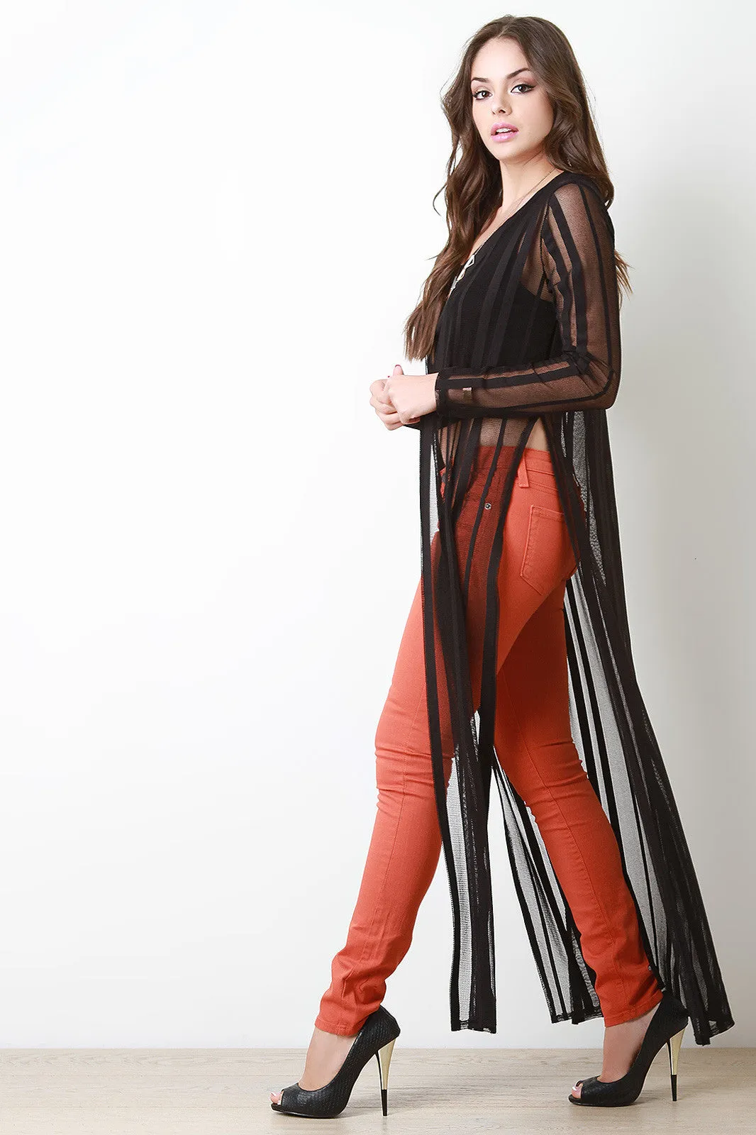 Contrast Mesh Longsleeve Maxi Cardigan