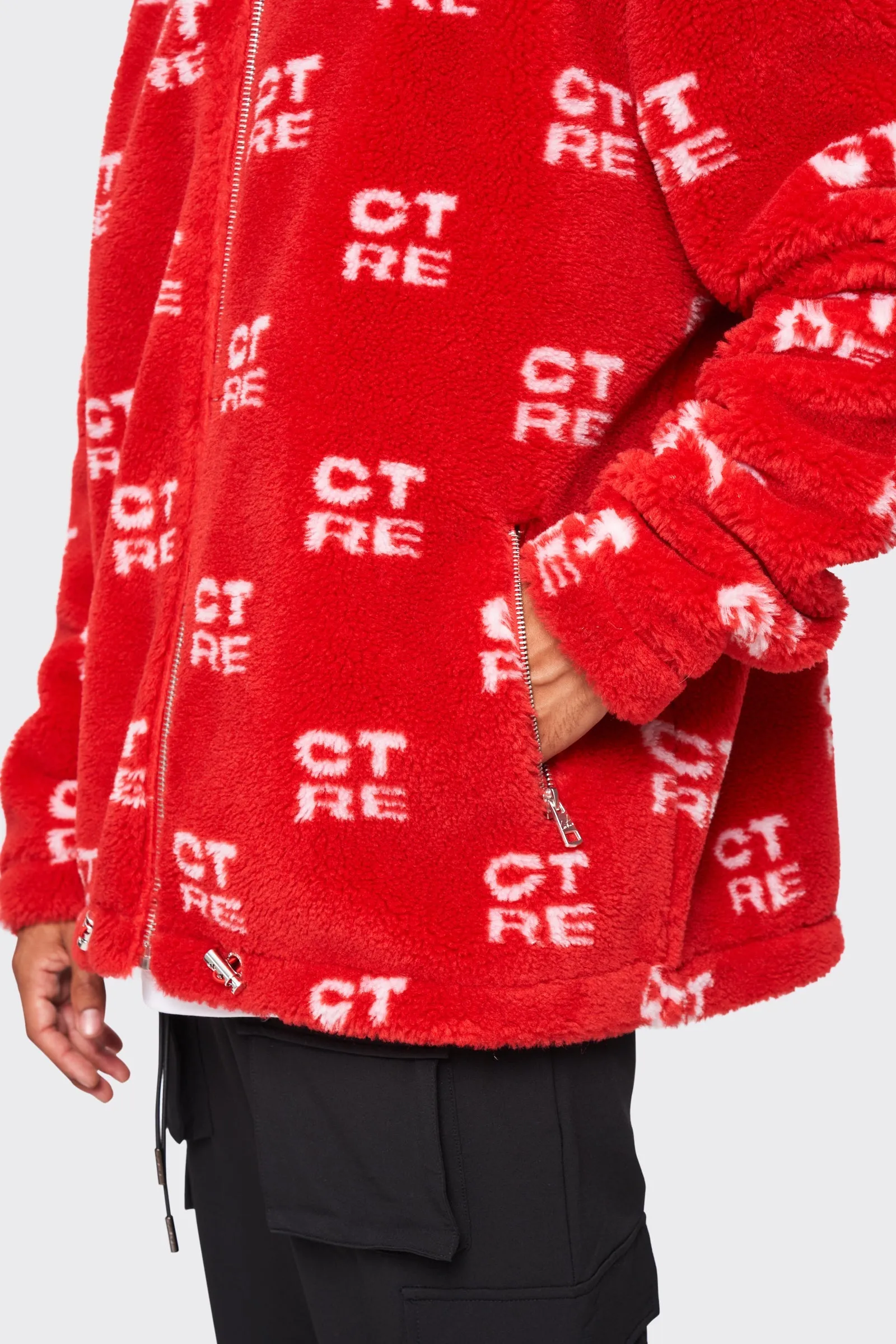 CTRE FUR LOGO OVERSIZED HOODED JACKET - RED