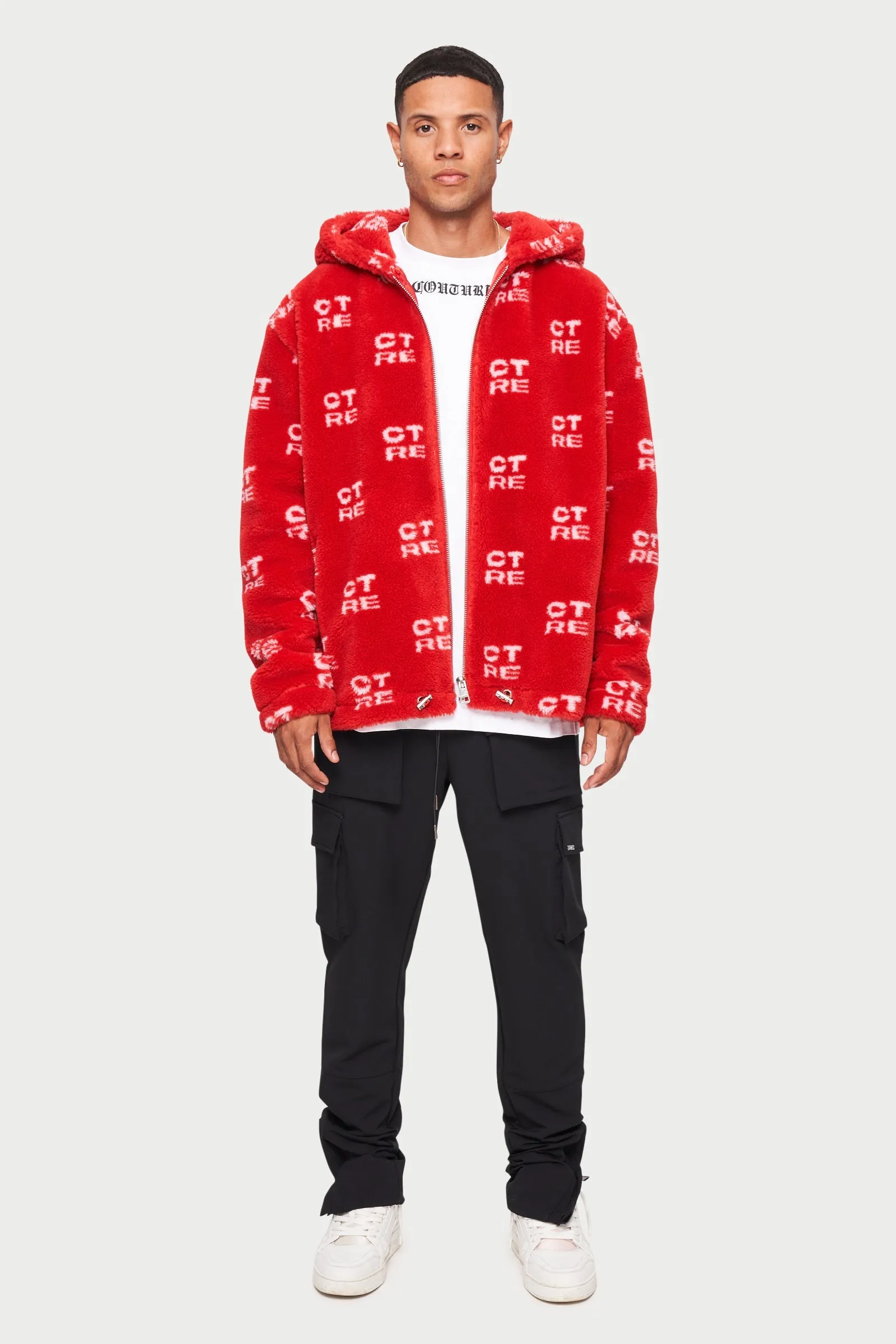 CTRE FUR LOGO OVERSIZED HOODED JACKET - RED