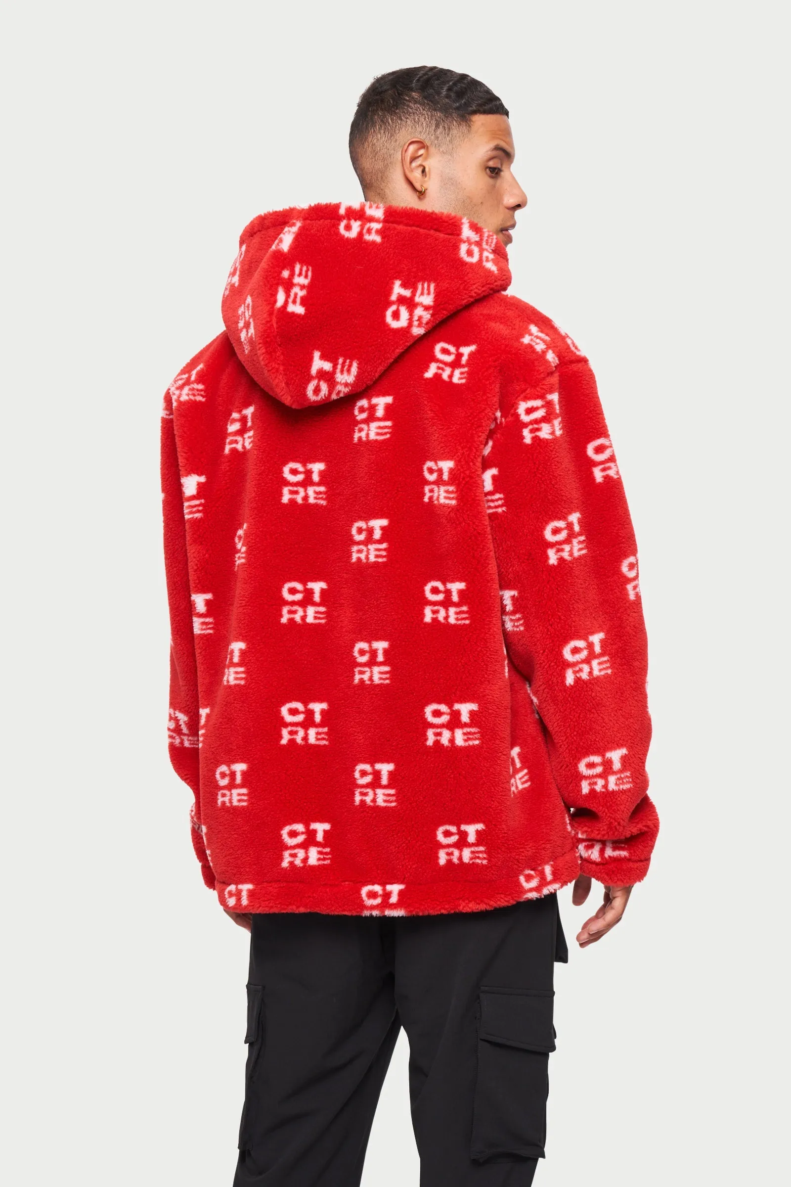 CTRE FUR LOGO OVERSIZED HOODED JACKET - RED