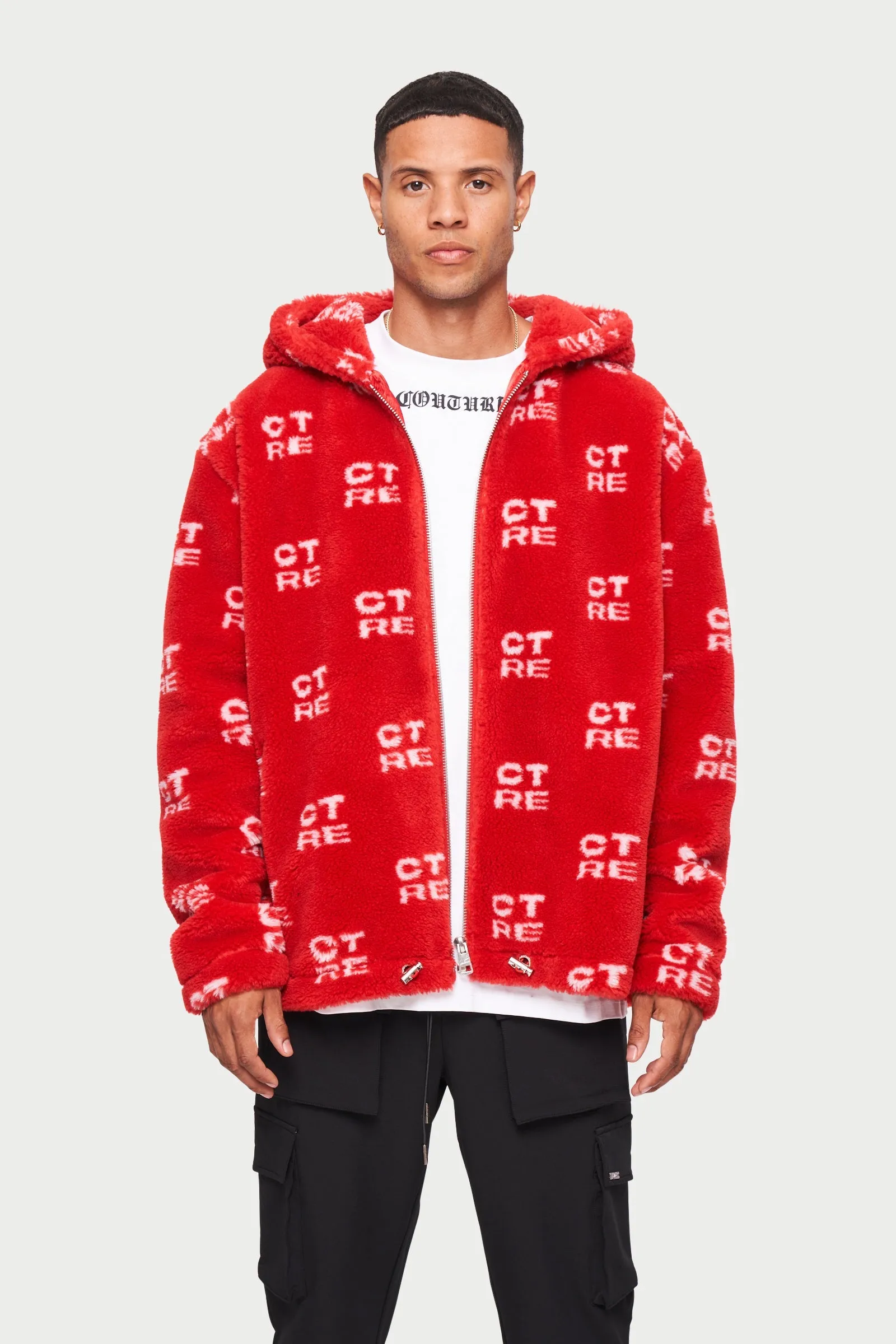 CTRE FUR LOGO OVERSIZED HOODED JACKET - RED