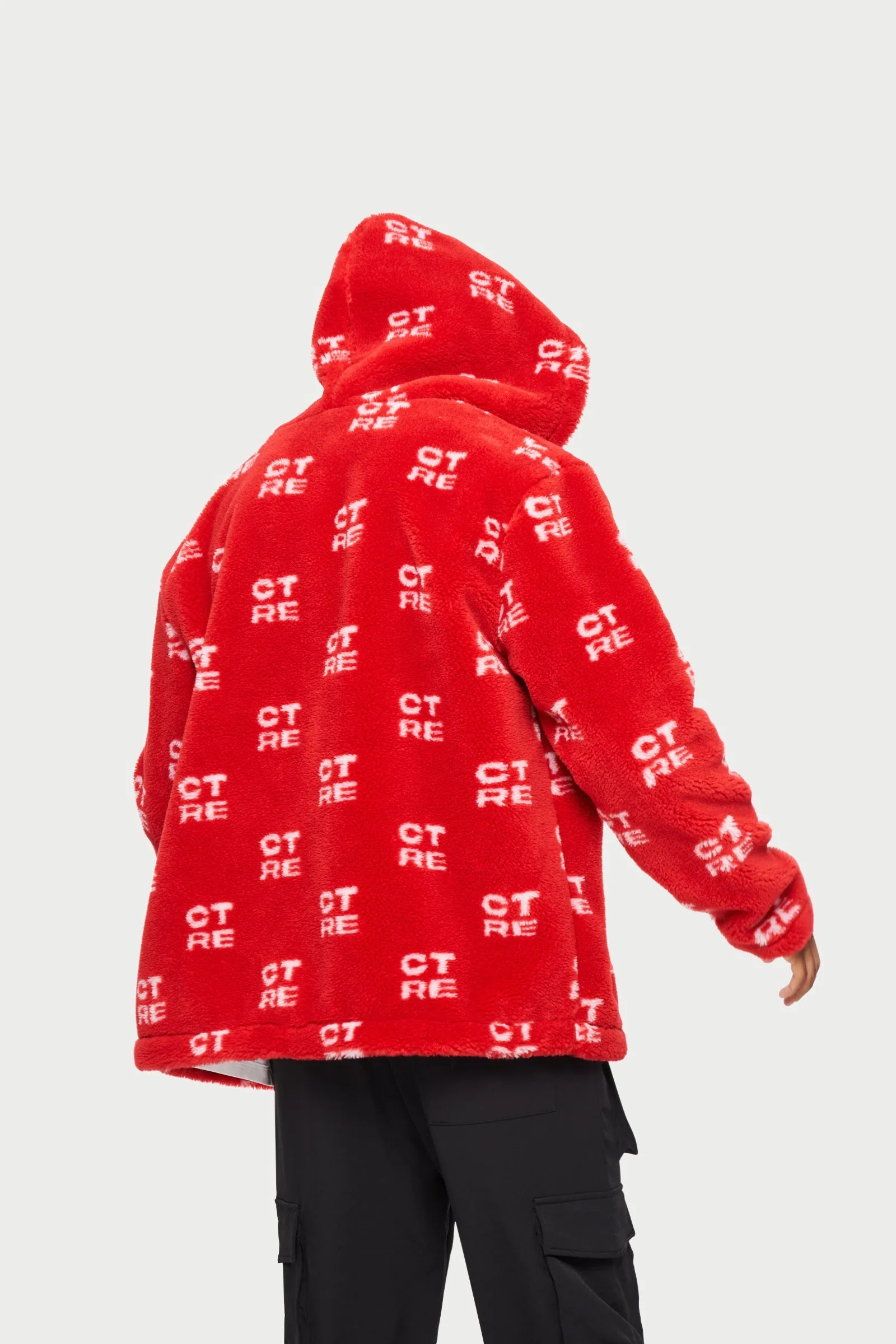 CTRE FUR LOGO OVERSIZED HOODED JACKET - RED