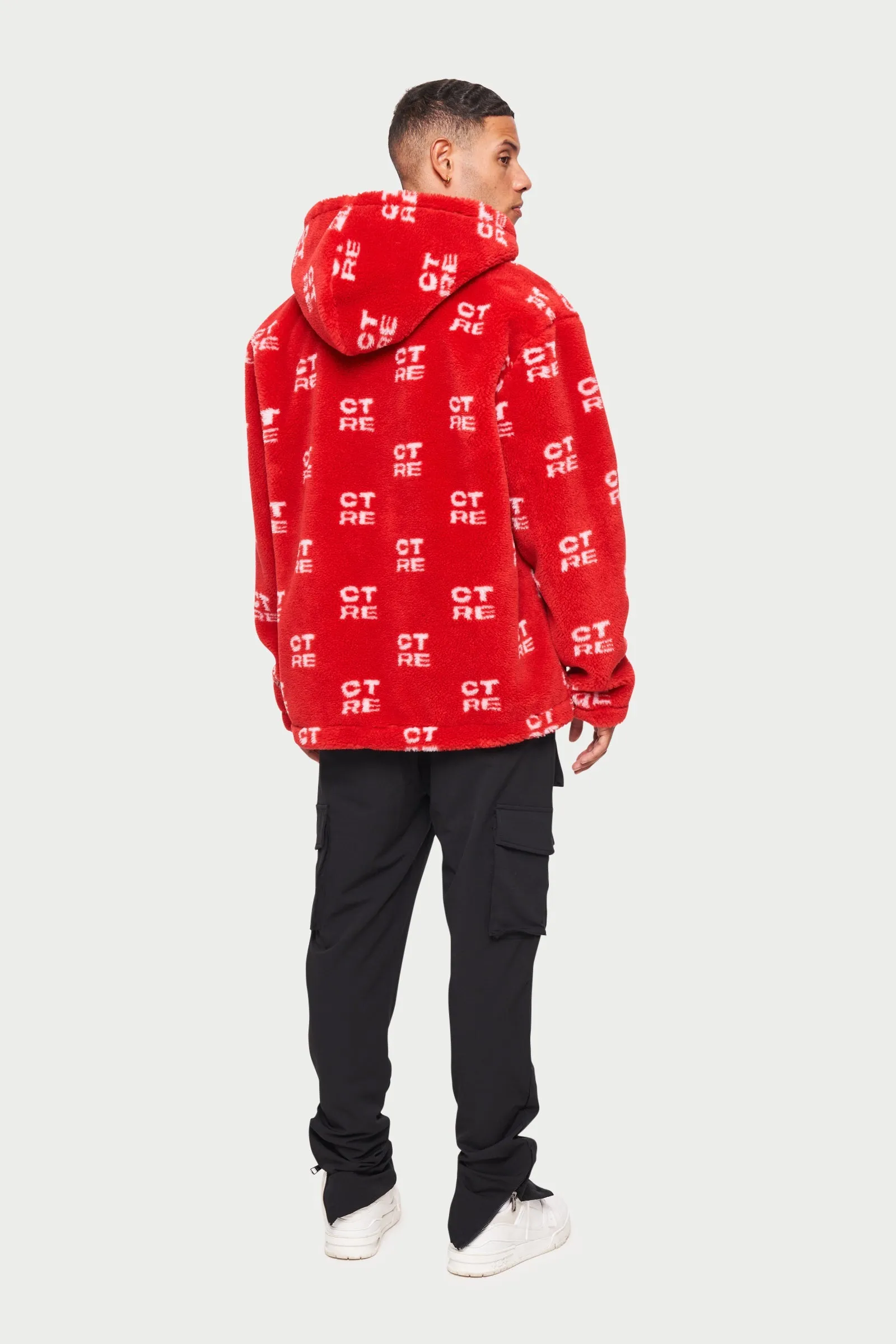 CTRE FUR LOGO OVERSIZED HOODED JACKET - RED